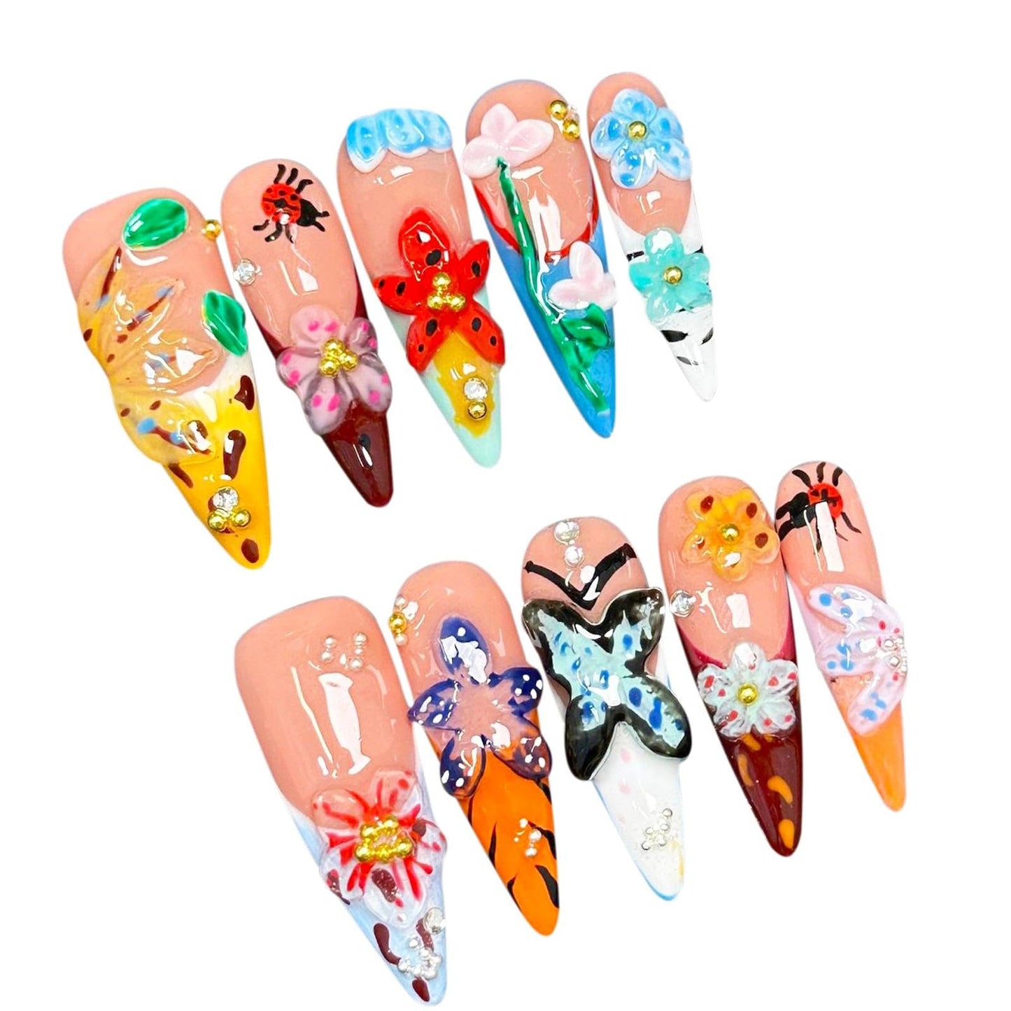 Handmade 3D Sweet Pastoral 3D Floral Stiletto Press On Nails, Playful Rhinestone Artisan Nails Set, Reusable Glossy Press-ons with Tool Kit(S)