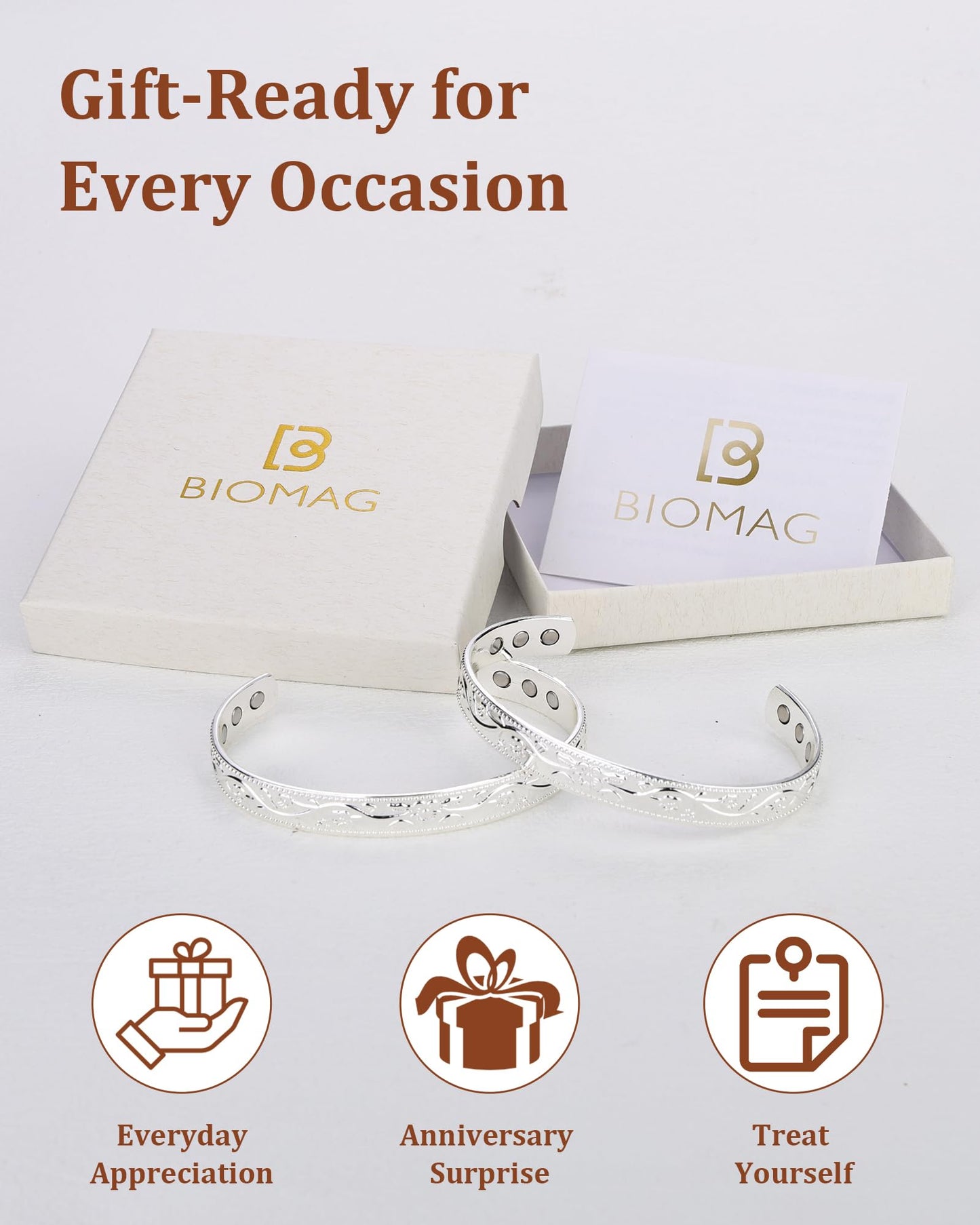 BioMag 2 Pcs Magnetic Copper Bracelet for Women, 99.99% Pure Copper Cuff Bangle with 6 Pcs 3500 Gauss Magnets, Adjustable Size, Floral Vine Design