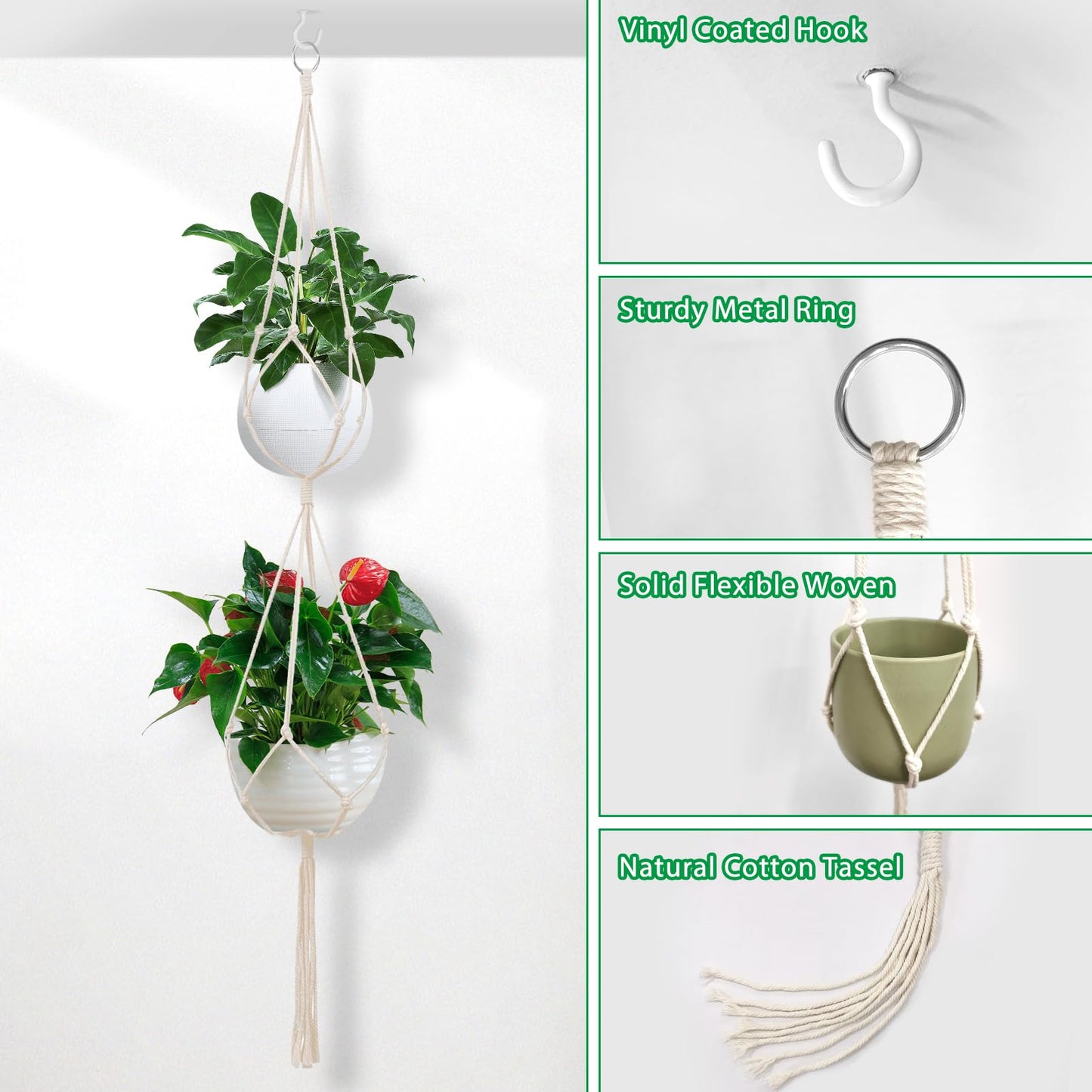 SNAIL GARDEN 2 Tier Macrame Plant Hanger, 2Pack Double Plant Hangers with Tassel Indoor Outdoor Hanging Planter Basket Handmade Cotton Rope Hanging Planters Set with 2Pcs Hooks for Boho Home Decor