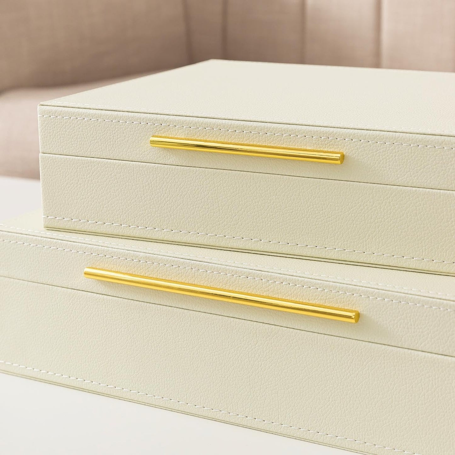 Soul & Lane Faux Leather Decorative Boxes with Lids and Gold Hardware for Home Decor, Set of 2 Stacking Hinged Boxes for Coffee Table and Living Room Shelves, Nesting Remote Control Holder, Ivory