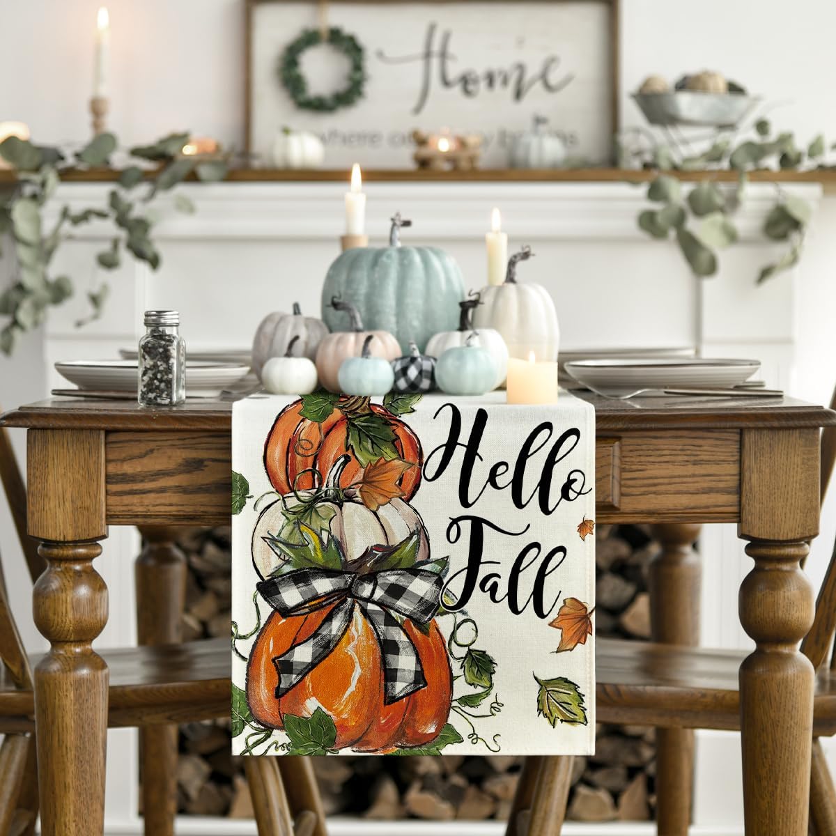 Artoid Mode Pumpkins Bowknot Maple Leaf 210 GSM Fall Table Runner, Seasonal Autumn Kitchen Dining Table Decoration for Home Party Decor 13x36 Inch