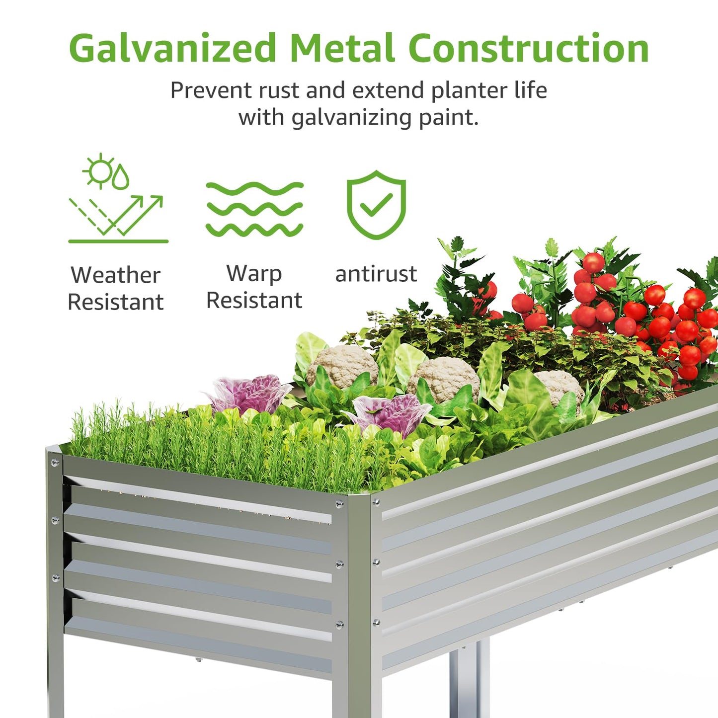 FOYUEE Galvanized Raised Garden Bed with Legs, 48 gallons, 48"x24"x32" Large Metal Elevated Planter Boxes with Drainage Holes,for Vegetables, Flowers, Backyard, Patio, Balcony