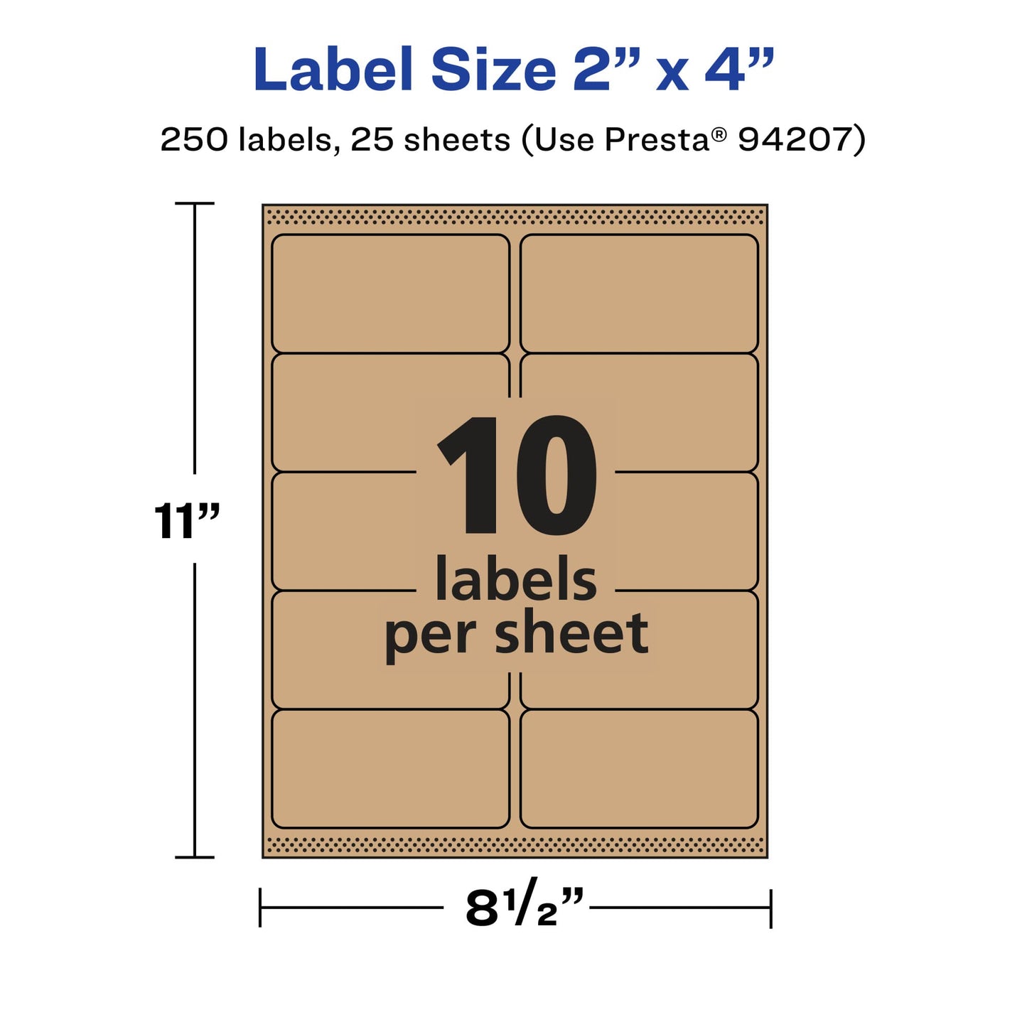 Avery Kraft Brown Rectangle Labels, Sure Feed Technology, 2" x 4", 250 Kraft Brown Labels, Laser/Inkjet Printable