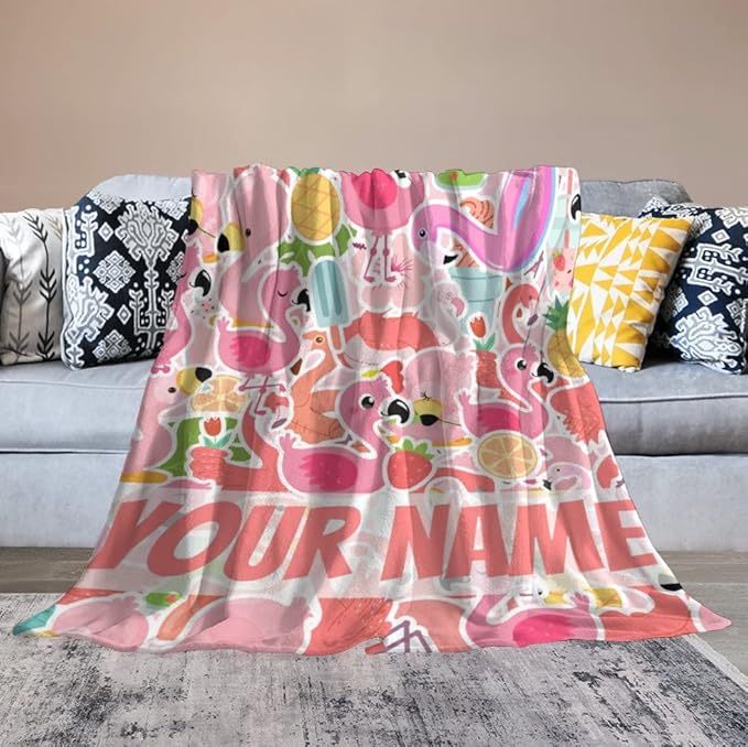 Custom Flamingo Blanket Gifts with Name - 30 x 40 Inches Funny Flamingo Throw for Girls & Women - Pink Soft Fuzzy Plush Blankets for Sofa
