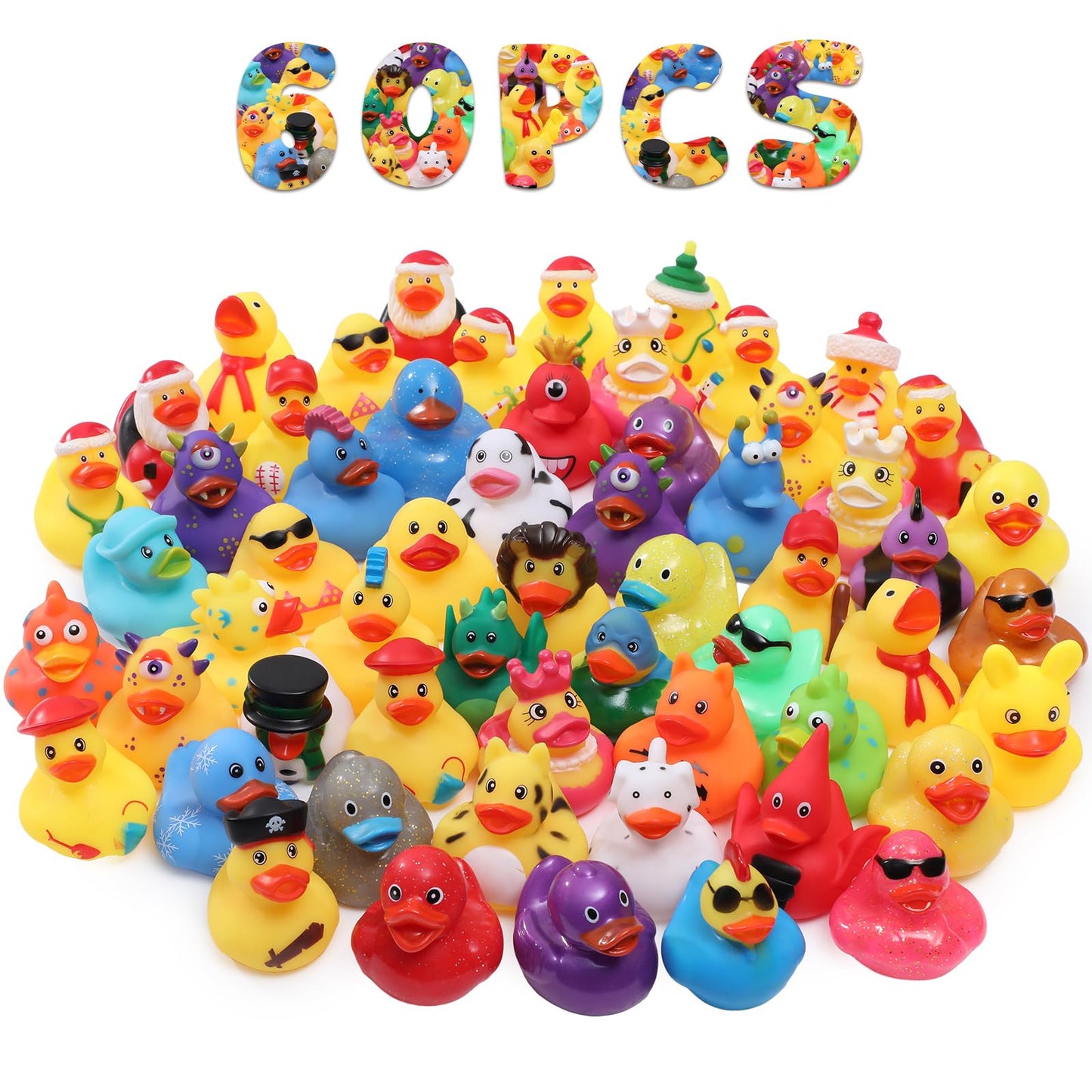 60 Pcs Rubber Ducks Assorted Plastic Christmas Rubber Duck for Cruise Ducks Ducking Bath Pool Toys Duck Party Favors Cruise Ships Hiding Christmas Stocking Stuffers for Kids Teens