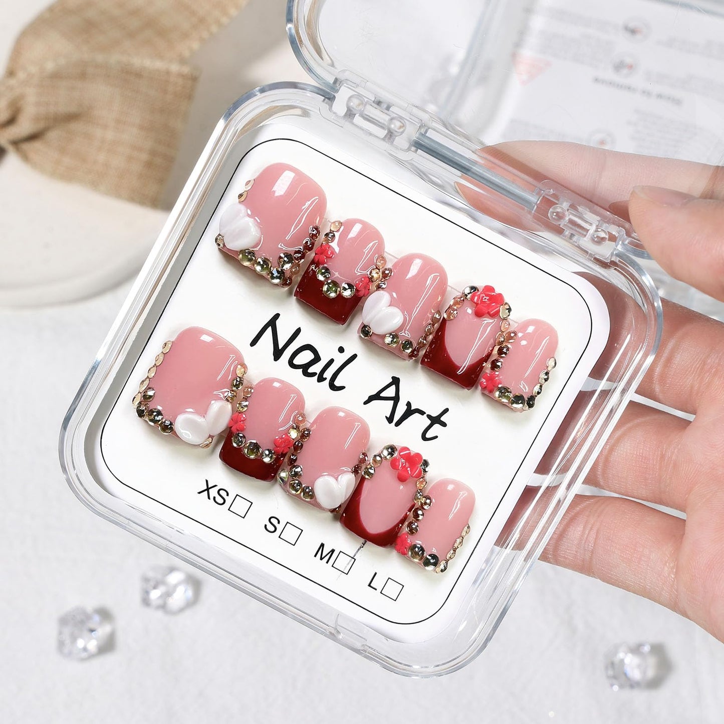10 Pcs Handmade Press on Nails Short Square Fake Nails with 3D Rhinestones Flower Design Burgundy French Tip False Nails Pink Acrylic M Size Press Ons Nails Square for Women