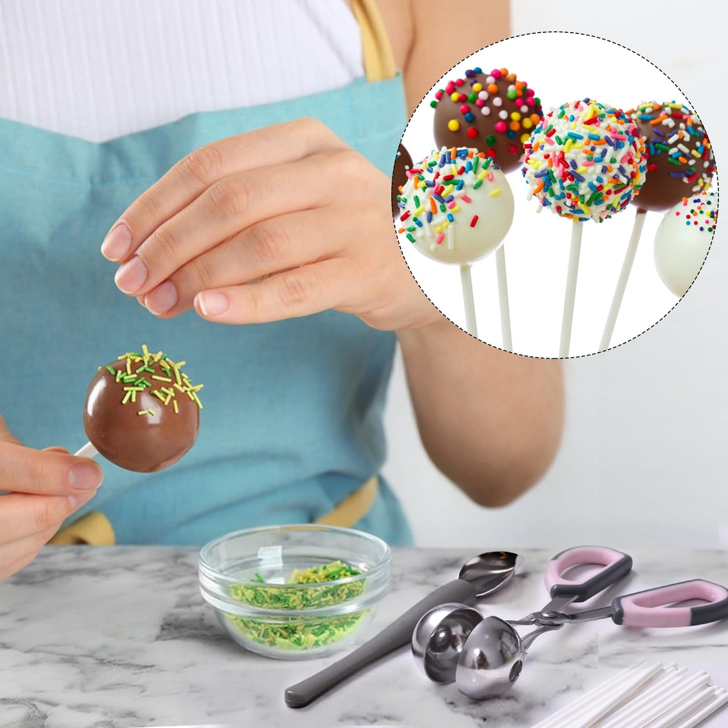 Cake Pop Kit Including 200 pcs 6 inch Lollipop Sticks and 200 Clear Wrappers, 35 Hole Clear Acrylic Display Stand, Metal Baller Scoop, Culinary Decorating Scooper, 200 pcsTwist Ties
