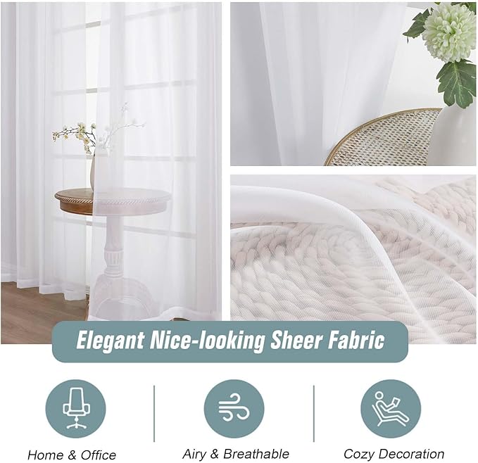 Extra Wide White Sheer Curtains for Window 96 Inches Long 2 Panels Set, Elegant Light Filtering Voile Sheer Curtains for Sliding Glass Door, Dual Rod Pocket Window Drapes, 2x59Wx96L Inches