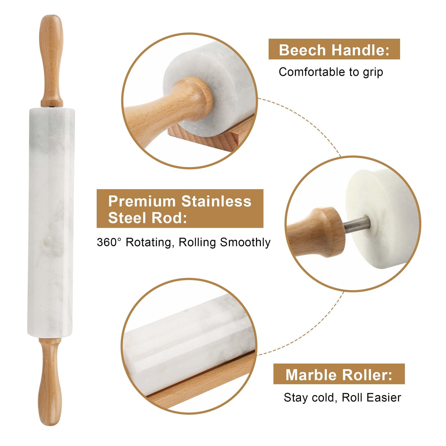 Koville African Natural Marble Rolling Pin, Non-Stick Polished Dough Roller, Pasta, Dumpling, Fondant, Pie Crust, Bread, Pizza Dough, Kitchen Baking Pastry Tools with Mat/Scraper（Namib Fantasy）
