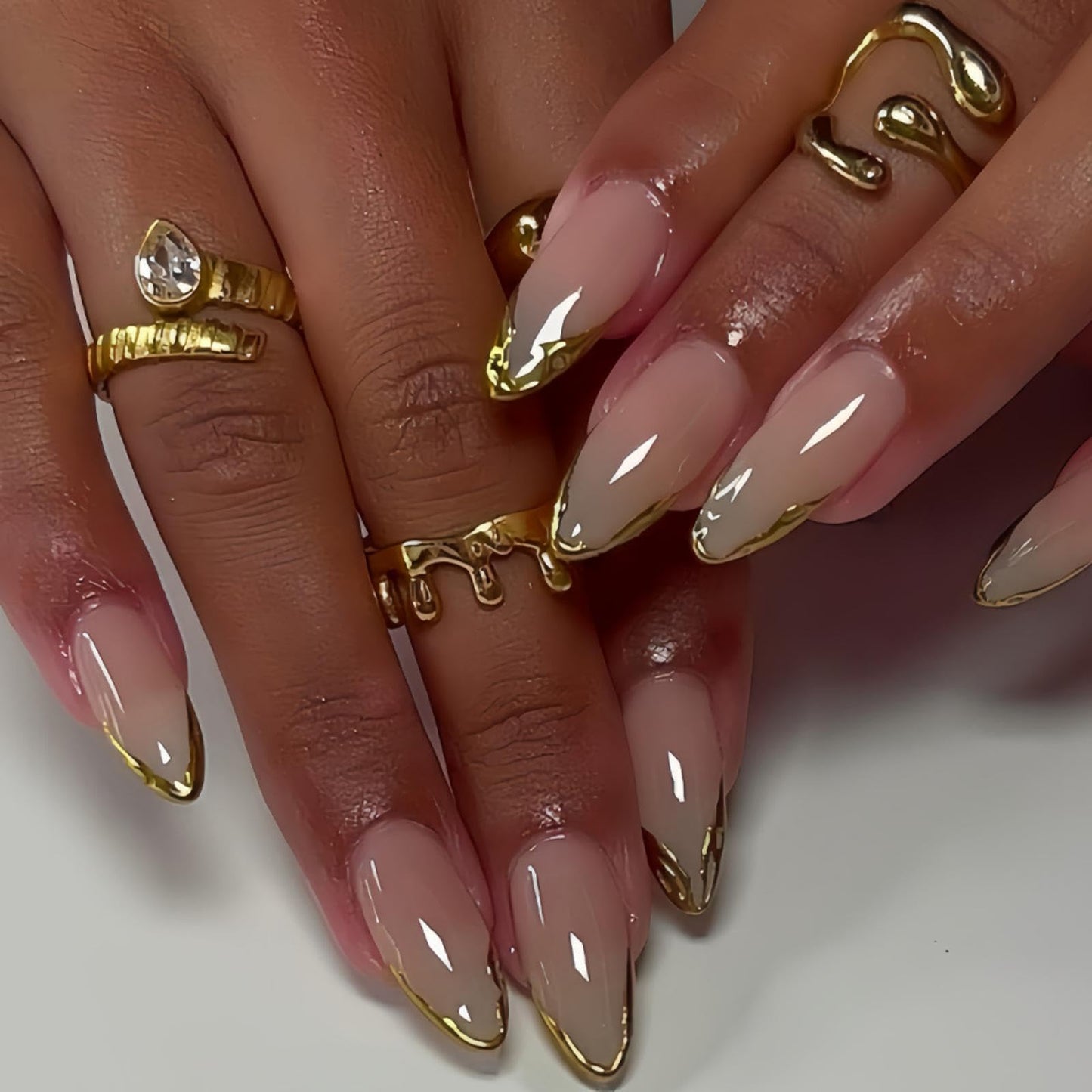 Press on Nails Almond - French Tip Fake Nails with Gold Line Design - Medium Fasle Nails Press ons - for Women 24 Pcs