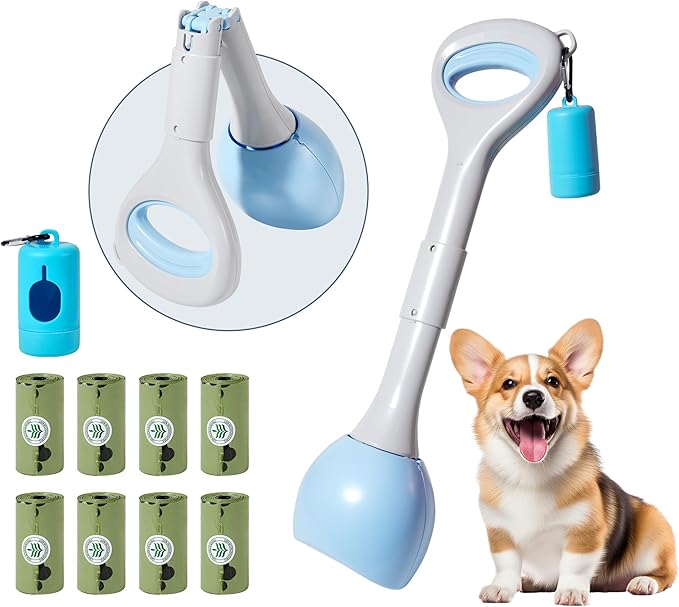NYEONHRT Dog Pooper Scooper Portable with Bag Attachment, One Handed Foldable Design, Includes 120 Waste Bags and Dispenser, 19 Inch Handle for Grass Yard Gravel Cleanup (Purple)