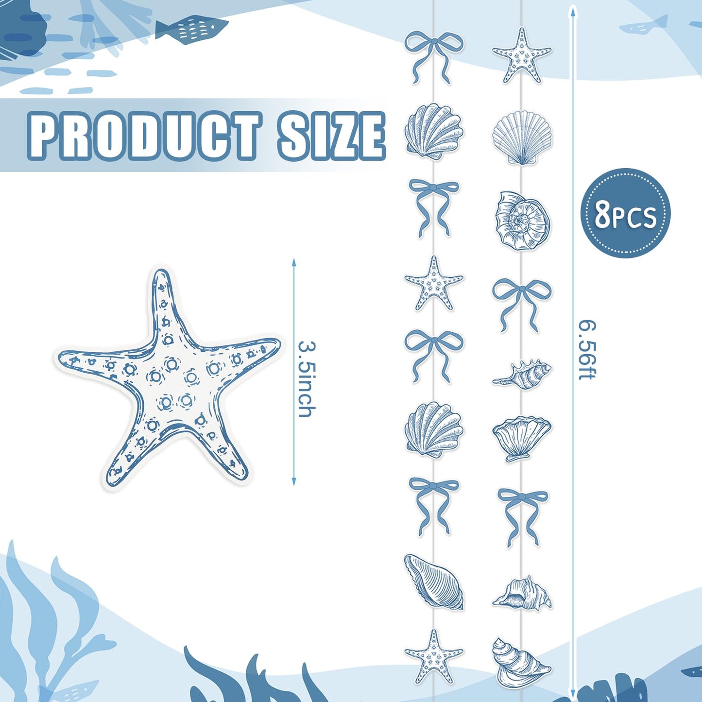 TaoBary 8 Pack Blue Bow Starfish and Seashell Garland 6.56 ft Ocean Coastal Nautical Paper Hanging Decorations Pre Strung Banner for Under the Sea Beach Wedding Mermaid Birthday Party Decorations