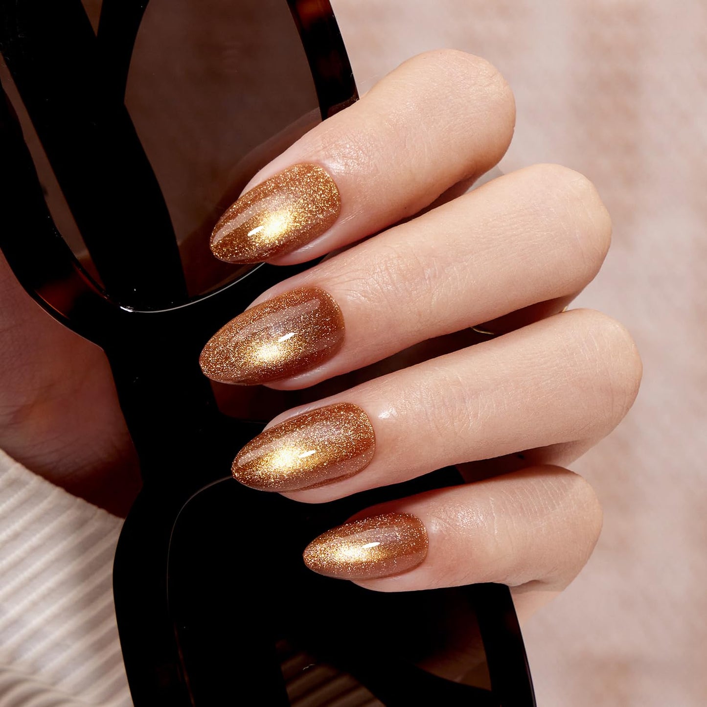 VSALON Press On Nails Short Almond, Brown Cat Eye Sparkle Fake Nails Kit, Reusable Glue on Nails, 32 Pcs Stick On Nails in 16 Size
