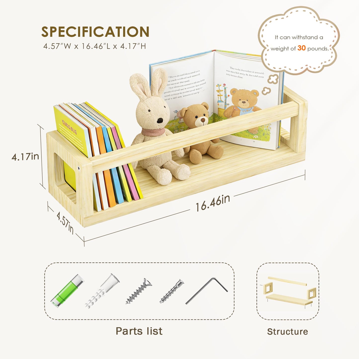 Picrit Set of 4 Natural Solid Wood Nursery Floating Shelves - Decorative Wall-Mounted Kids Bookshelf for Toy Storage & Book Display in Playroom or Kids Room, Durable Organizer