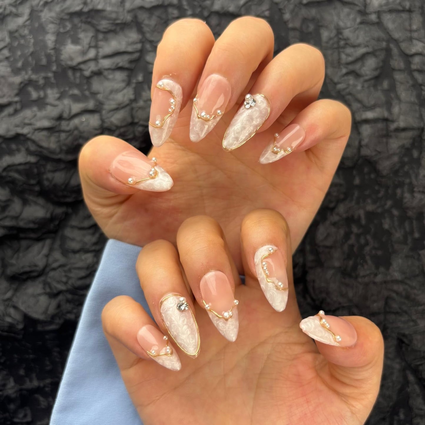 AKA Unicorn Large Handmade Press On Nails Short Almond,Nude Pink Acrylic Nails,Luxury Nail Press On with Charm Pearl Design for Wedding&Party Wear-True Love Design Concept