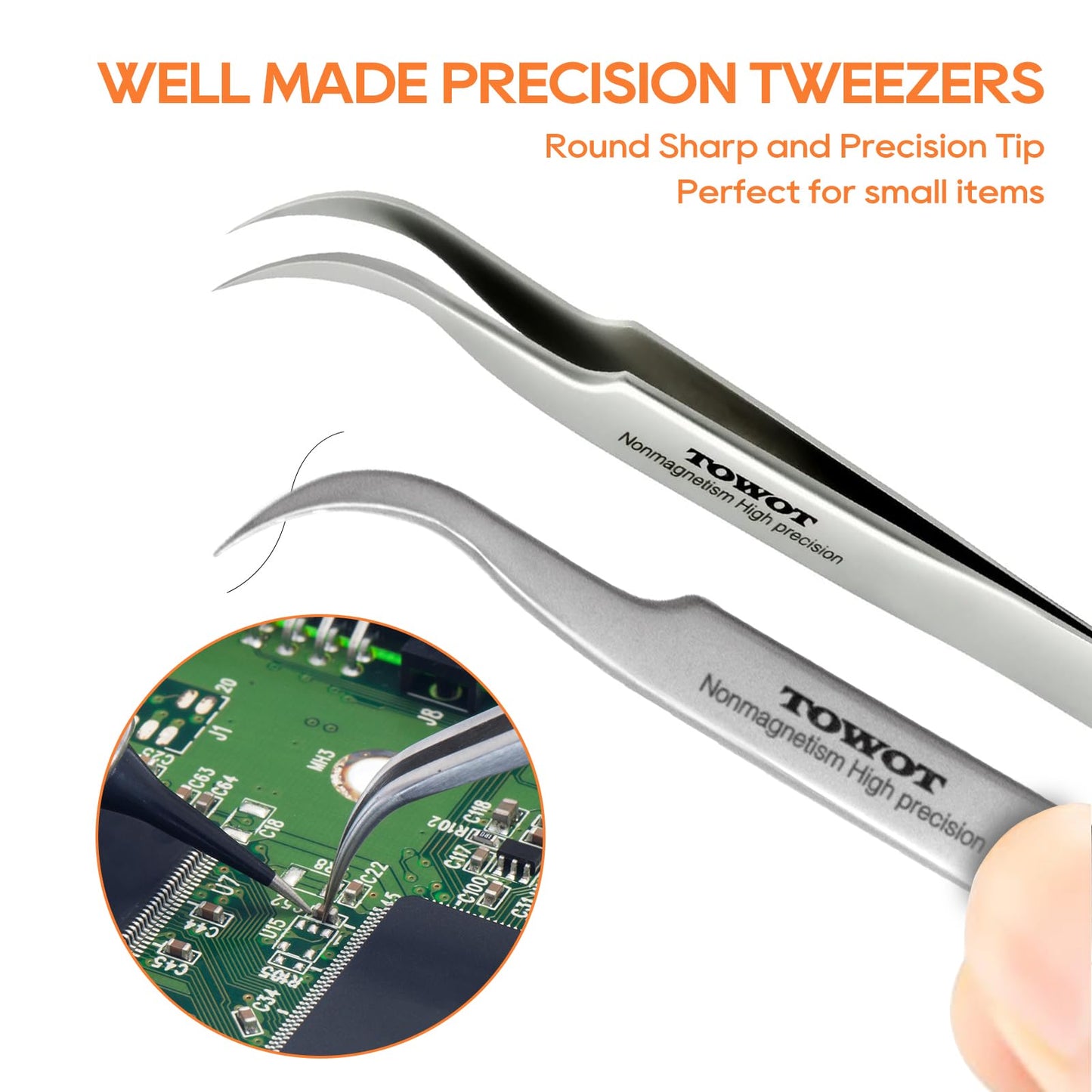 TOWOT Precision Tweezers, 5 PCS Stainless Steel, Non-Magnetic, Heat Resistant, Curved, Jewelry, Electronics, Craft, Soldering, Experimental Work