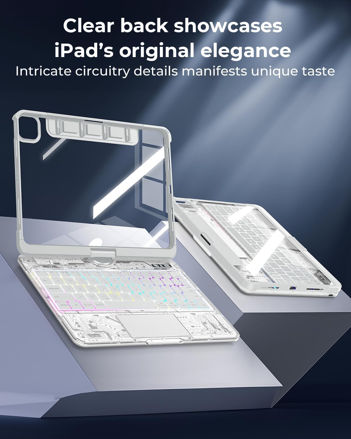 TSQQST Clear Wireless Keyboard Case for iPad (A16) 11th Generation 11-inch 2025/ iPad 10th Generation 10.9-inch 2022 with Pencil Holder & Multi-Touch Trackpad, 7-Color Backlight, 360 Rotatable, White