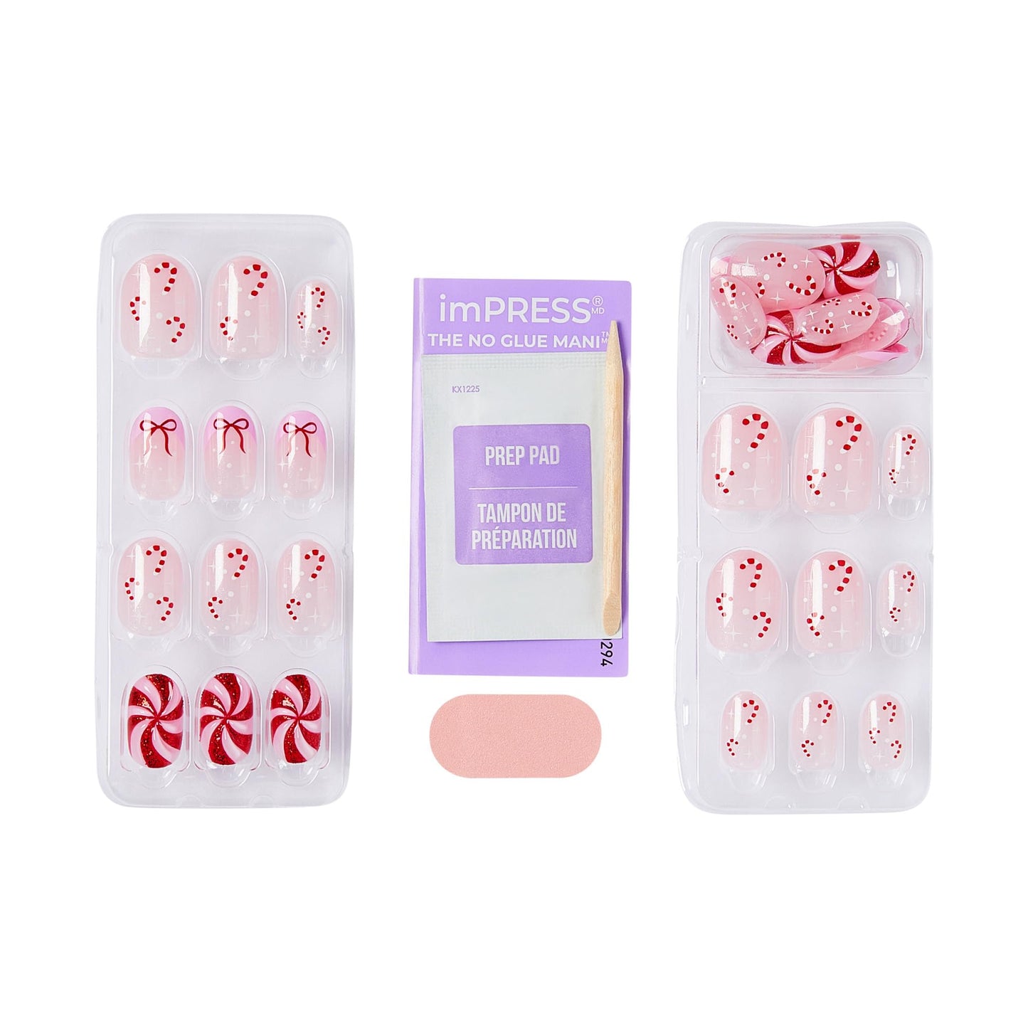 KISS imPRESS Holiday Press On Nails, ‘Be Merry’, Pink, Short Oval, 3D Effect, Improved Super Hold Adhesive, 30 Fake Nails, Prep Pad, Mini Nail File, & Manicure Stick