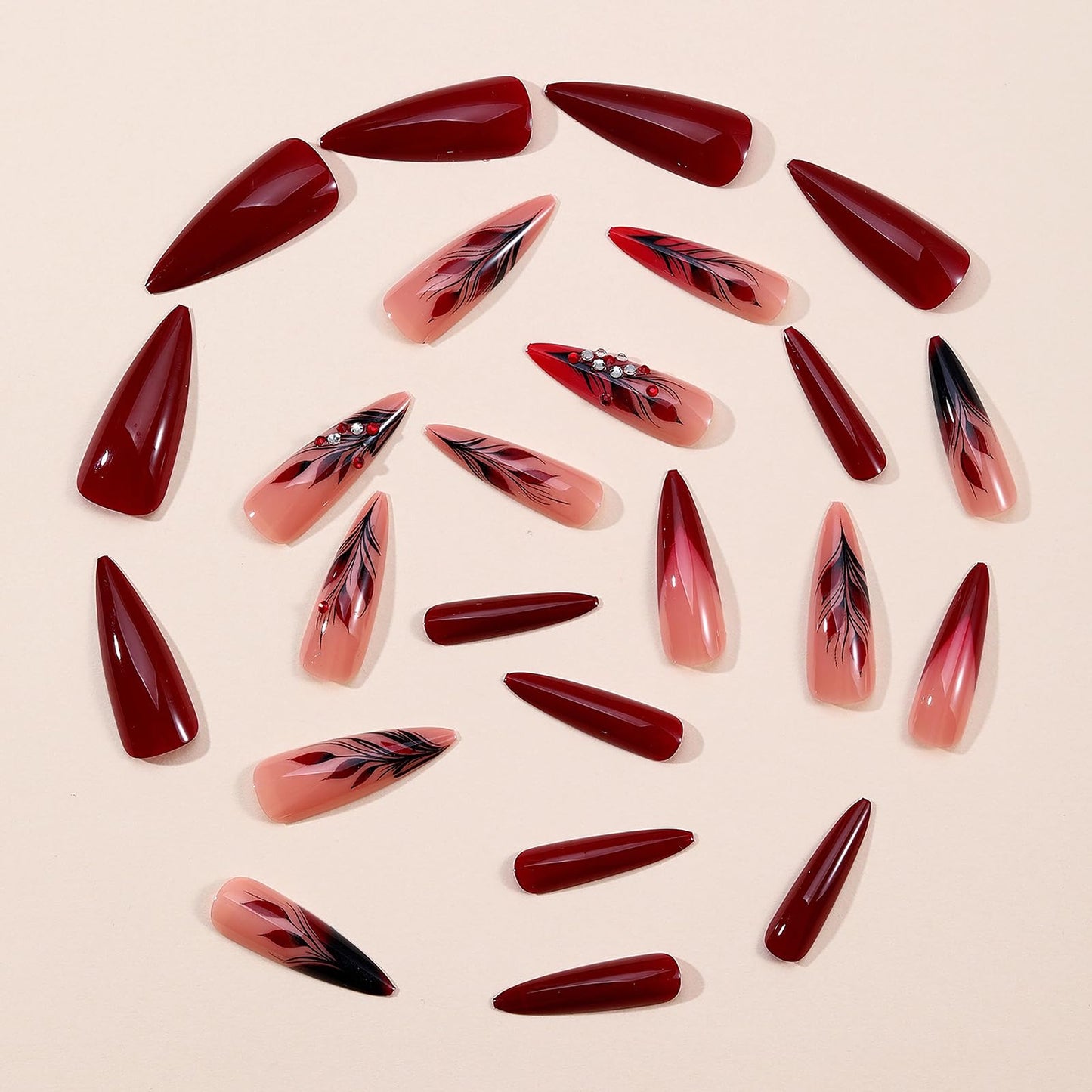 MISUD Press on Nails - Long Stiletto Fake Nails with Burgundy, Acrylic Leaf Rhinestone Design 24 pcs