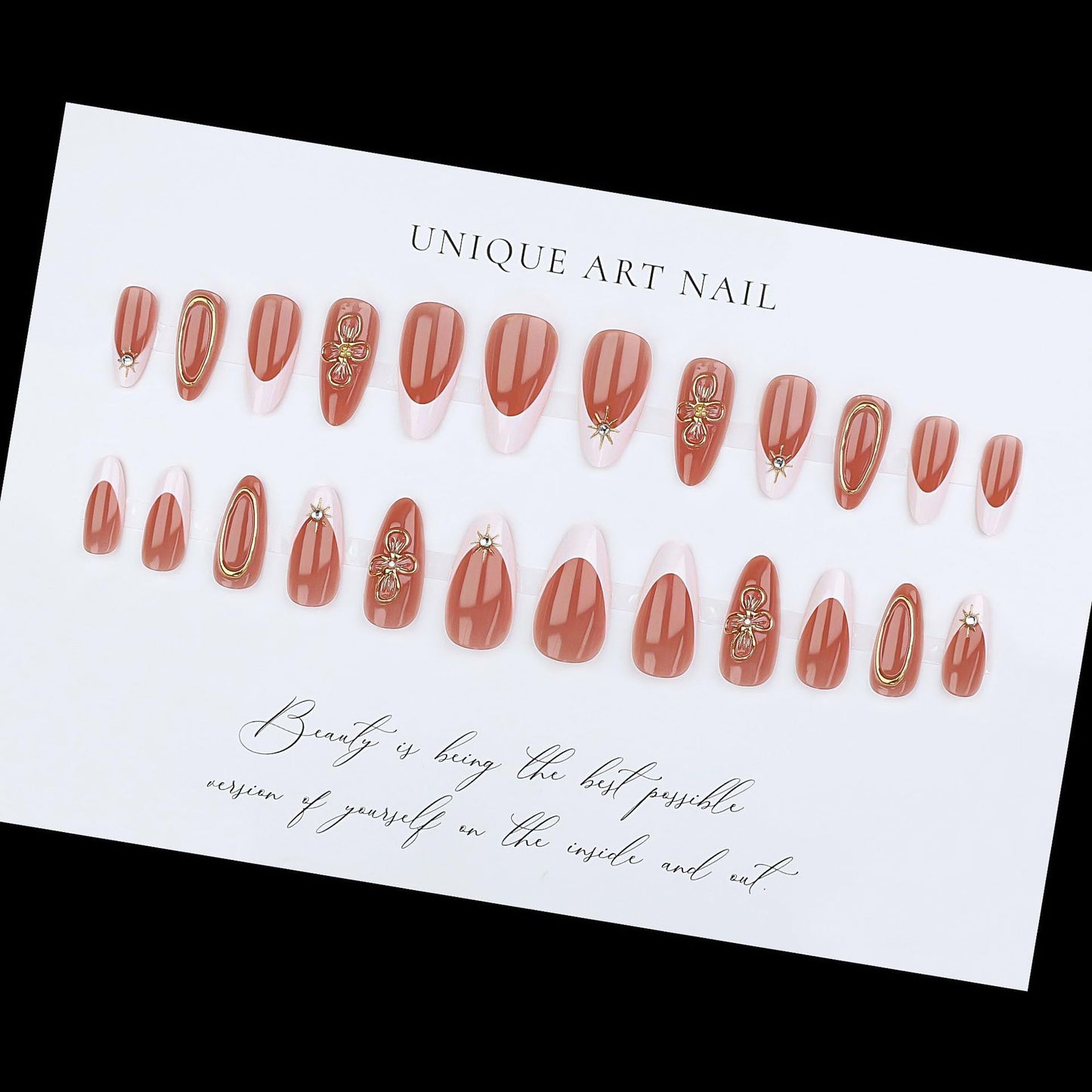 RUOKEXIN Almond Press on Nails French Tip Fake Nails Gold Sparkly False Nails with 3D Flower Designs Medium Nail Press ons Spring Summer Artificial Nails for Women 24Pcs