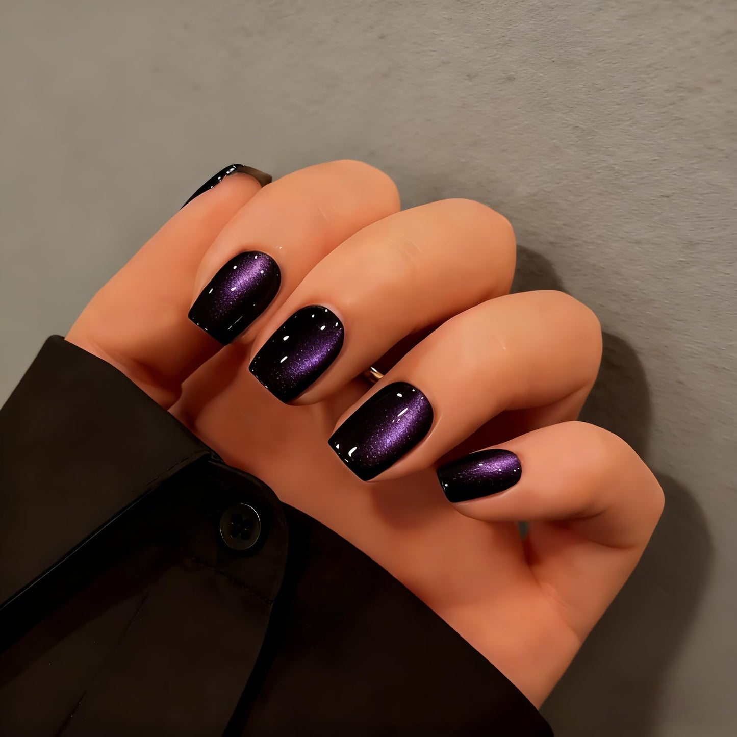KQueenest Cat Eye Press On Nails Short - Dark Purple Press On Nails Square, 30 Pcs 15 Sizes Glitter Black Fake Nails Press ons, Thick Quality, Reusable Small Glue on Nail for Women Goth Party