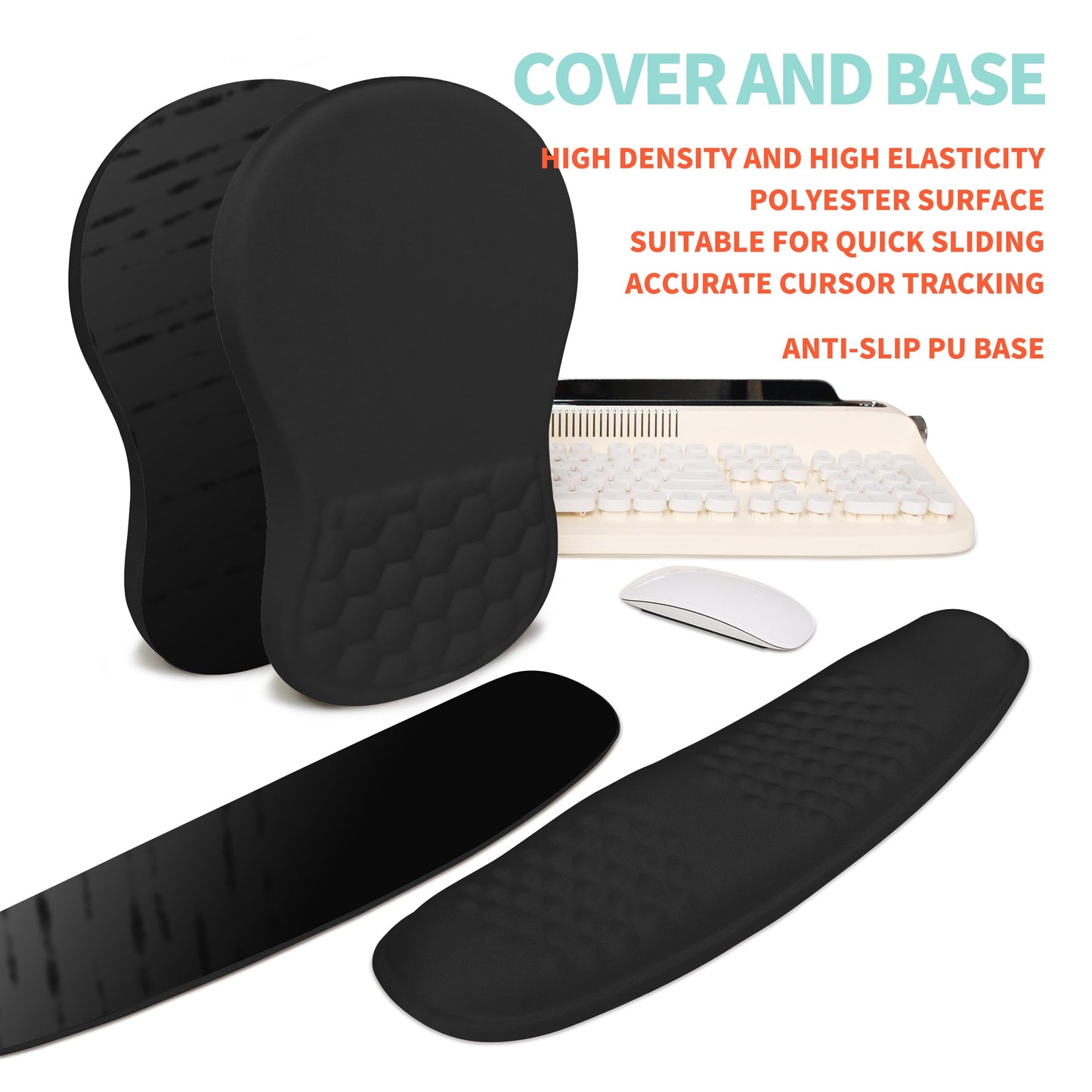 KUOSGM 2-in-1 Ergonomic Set, Wave Rise Keyboard Wrist Rest and Massage Bulge Slope Mouse Pad Wrist Support, Cushion Memory Foam Integrated to Relieve Wrist Pain, Black