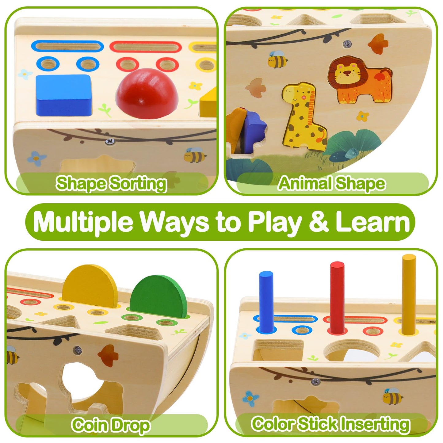 Humerry Montessori Busy Box for Toddlers 1-3, Wooden Object Permanence Coin Box with Shape Sorter & Animal Matching, Sensory Fine Motor Learning Toy with Wobble Base, Gift for 1 2 3 Year Old