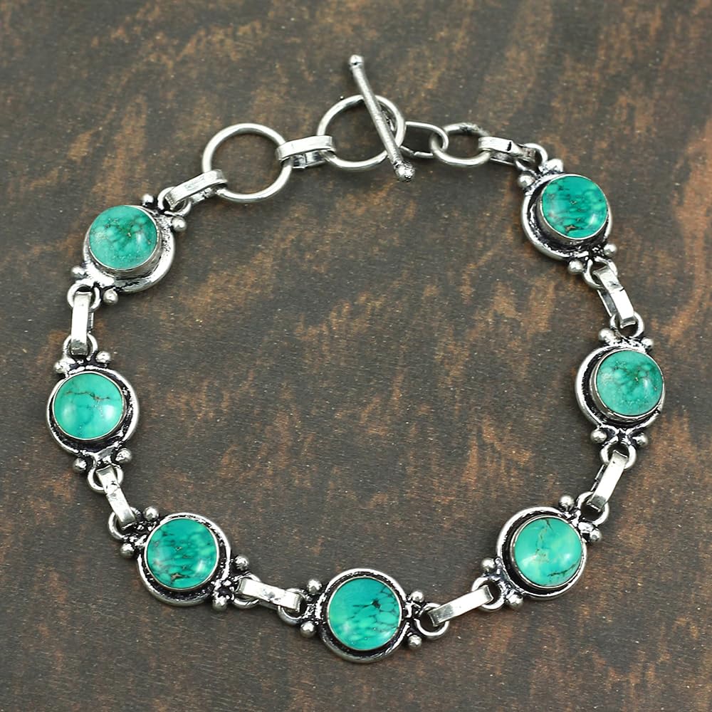 Natural Turquoise 925 Silver Plated Round Gemstone Adjustable Bracelet for Women - December Birthstone Bohemian Vintage Style Handmade Jewelry Bracelet - Gift for Her