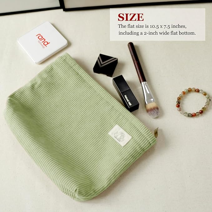 HAPPYHEIDI Fresh Green Corduroy Makeup Bag Cosmetic Toiletry Travel Pouch, Make Up Accessory Purse Organizer, Canvas Lined