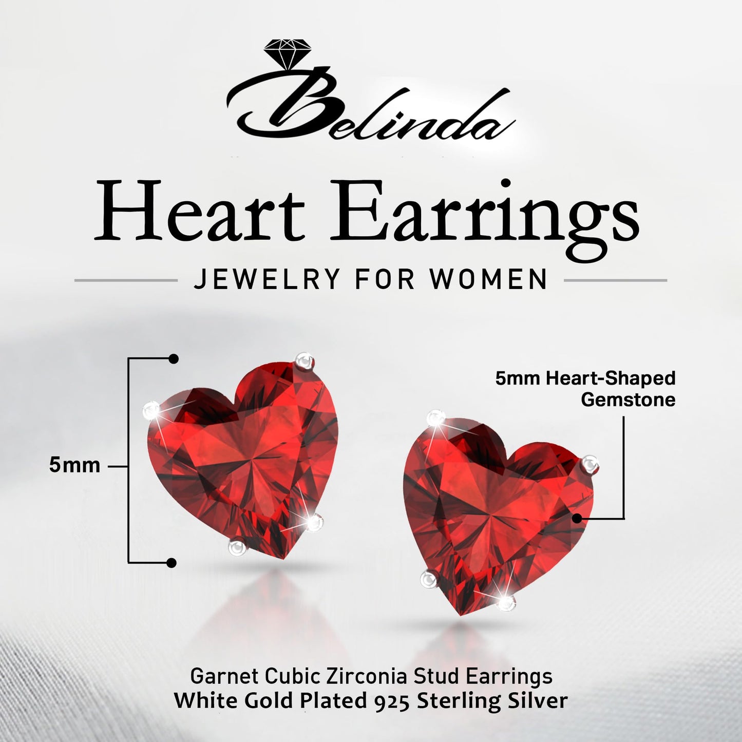 Belinda Jewelz - Heart Stud Earrings, 5mm Cubic Zirconia Heart Earrings with Prong Setting, 925 Sterling Silver Earrings Studs, Garnet Red Stud Earrings for Women