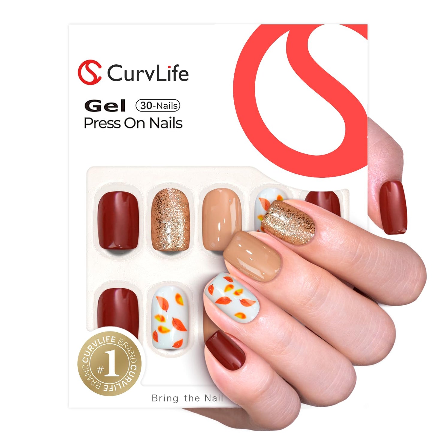 Curvlife Press On Nails – 30PCS Full Cover False Natural Fit Soft Gel Fake Nails Tips, Easy to Apply at Home Glue On False Nails Kit (Autumn-Inspired Brown Nails with Glitter and Leaf Design, Short)