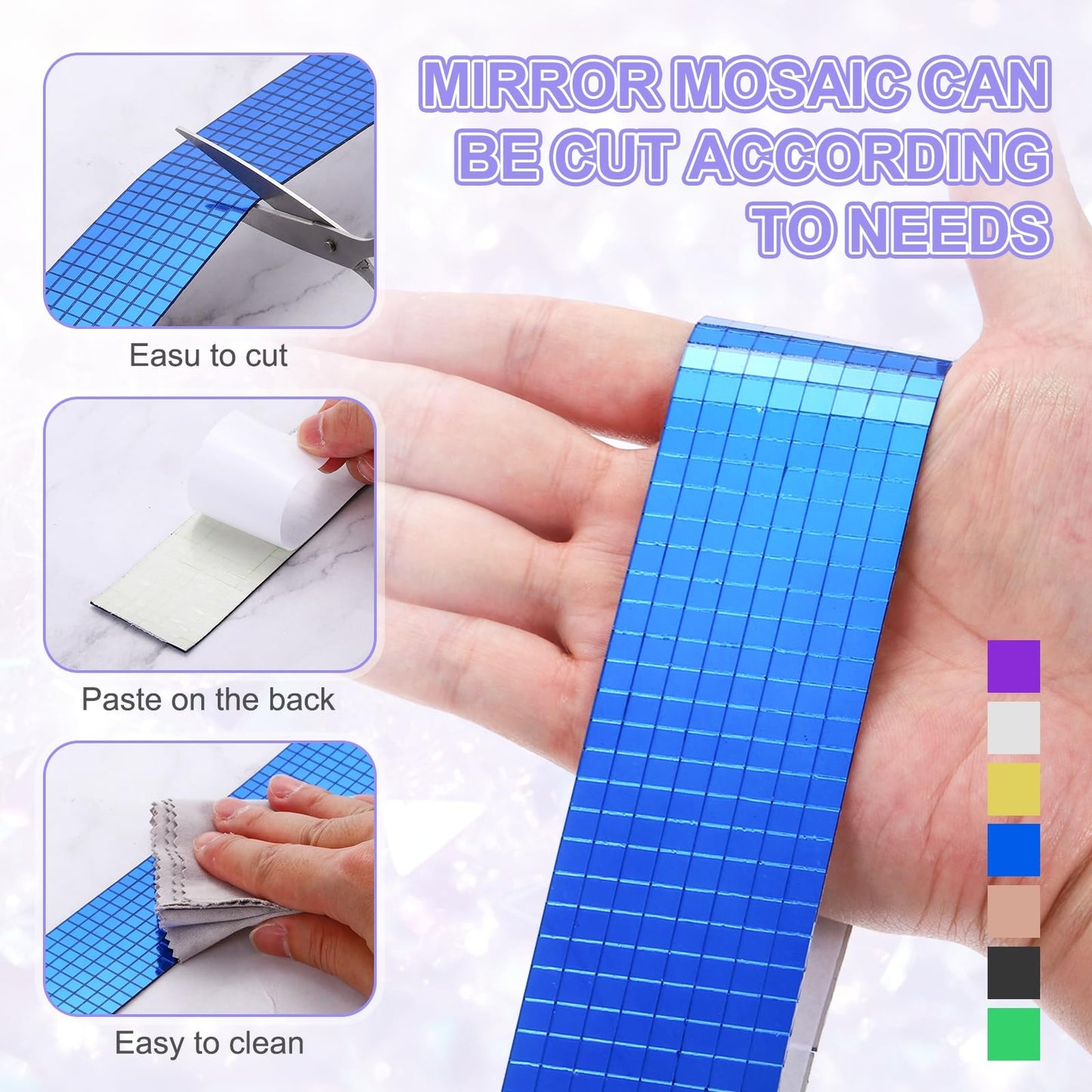 MECCANIXITY Self Adhesive Glass Mirror Mosaic Tiles 3200 Pcs 5 x 5 mm Disco Tiles for Craft Decoration Glass Mirror Disco Ball 2 Rolls (Purple/Green)