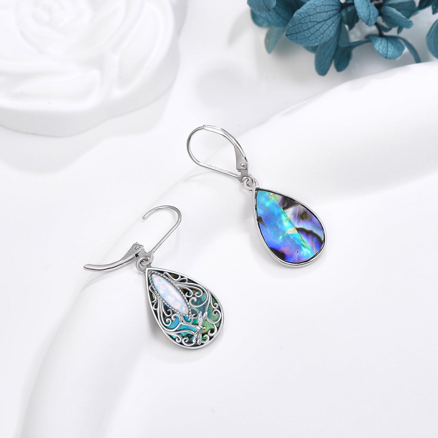 Dragonfly Filigree Earrings Sterling Silver Teardrop Opal Filigree Leverback Earrings Gifts for Women Jewelry