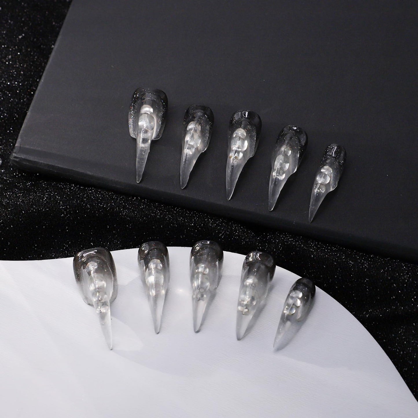 Handmade Press on Nails Halloween Goth Fake Nails with Extra Curved Eagle Claw Designs Luxury Silver Glitter False Nail Art Thickened Muti-Layer Gel Long Curved Press on Nail for Women (Size M)