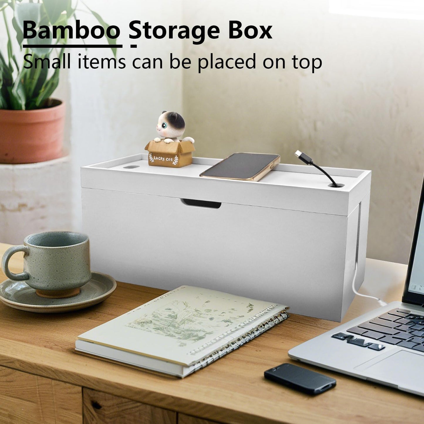 15 inch Bamboo Large Cable Management Box, Organizer Cord Box Hider - Power Strip Hider Cable Storage for Office, TV Wires, Desk Cord Organizer, No Assembley Required, Bamboo (White)