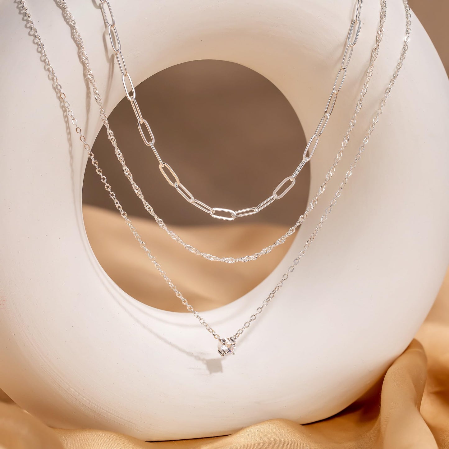 CHESKY Layered Necklaces for Women Trendy, Silver Plated Dainty Stacked Necklace Simple CZ Diamond Pendant Necklaces Waterproof Silver Necklace Stack Adjustable Cute Jewelry Set for Women