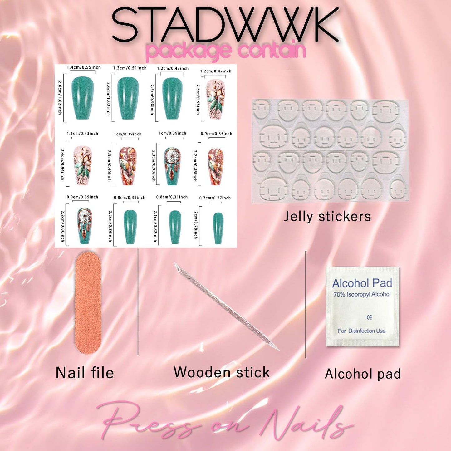 Green Press on Nails Coffin Medium Fake Nails with Butterfly Flower Designs Full Cover Nails Press ons Glossy Glue on Nails Cute False Nails Spring Acrylic Nails Summer Stick on Nails for Women 24Pcs