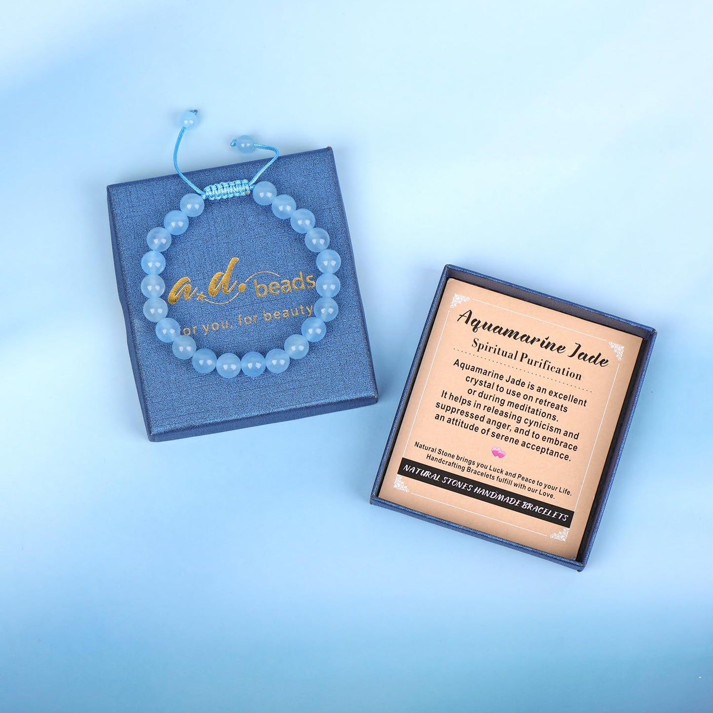AD Beads 8mm Aquamarine Jade - Spiritual Purification - Handmade Natural Stone Crystal Bracelet with Adjustable Macrame String - Yoga Healing Power Energy Gifts for Men and Women