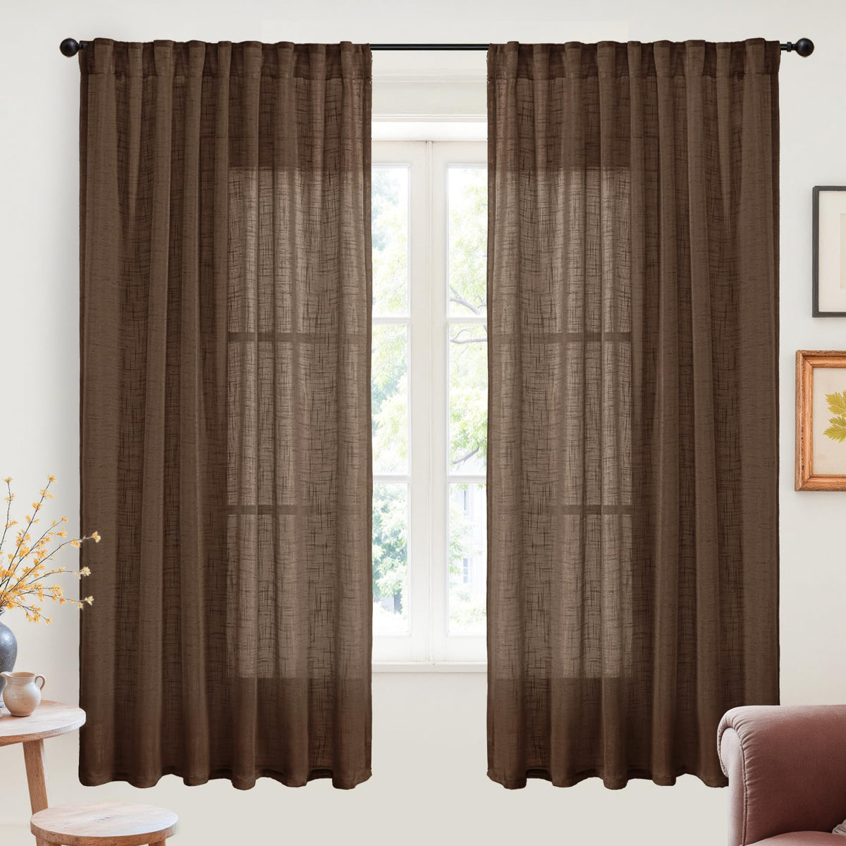 Dark Brown Linen Curtains 63 Inch Length for Living Room (2 Count)