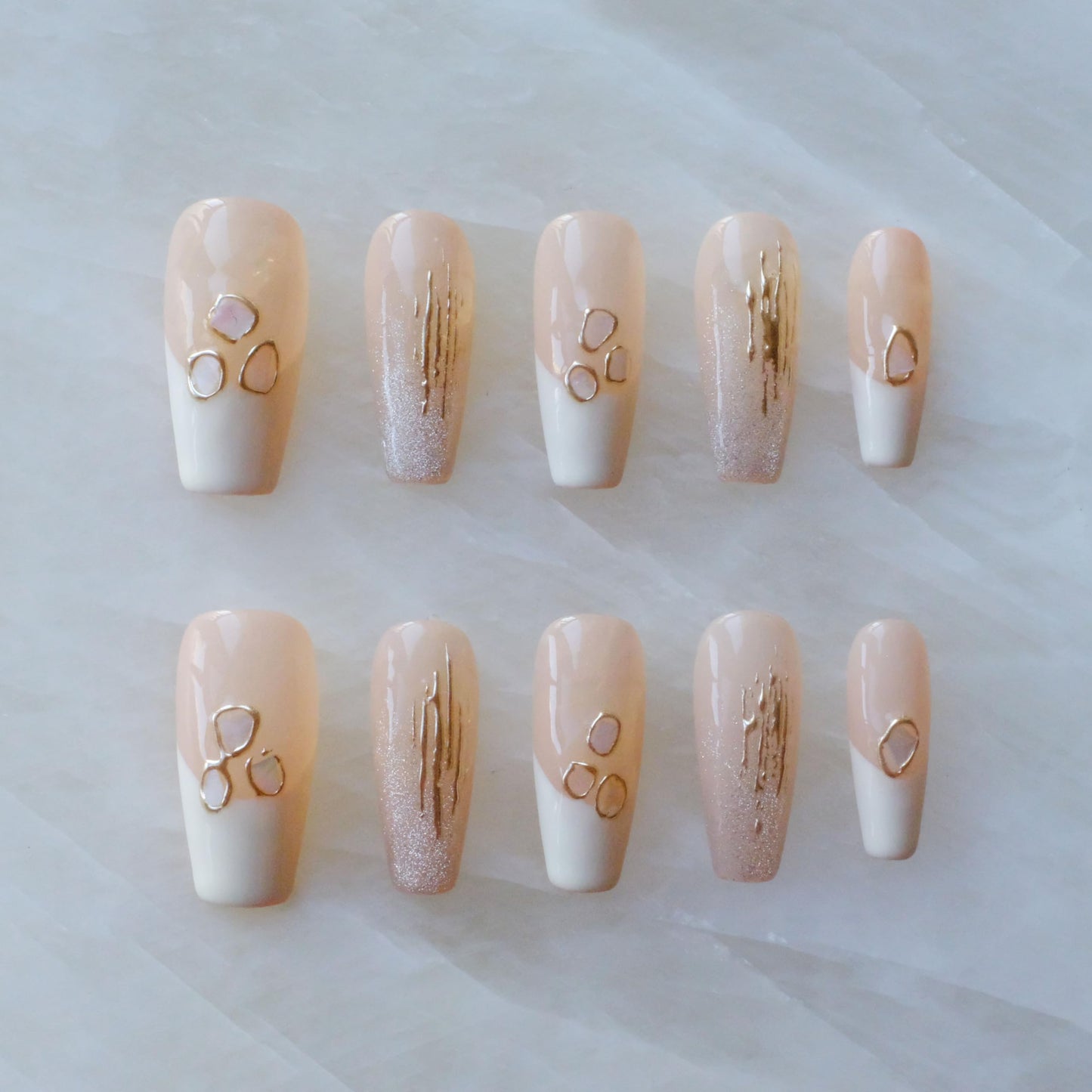 GLORS Handmade Press On Nails, Long Ballerina Shape, Pink and White Shell Design, 10 Pieces (Small,LB)