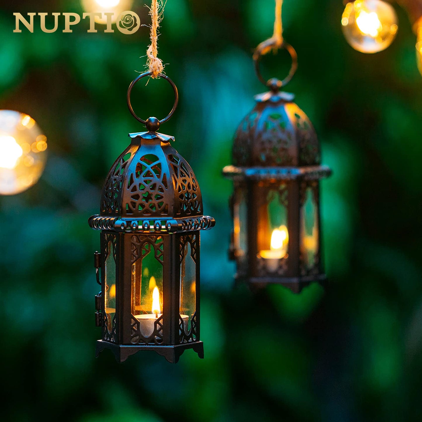 NUPTIO 6 Pcs Hanging Candle Holder Lantern Centerpiece Table/Hanging Glass Hexagon Moroccan Candle Lantern Holders, Black