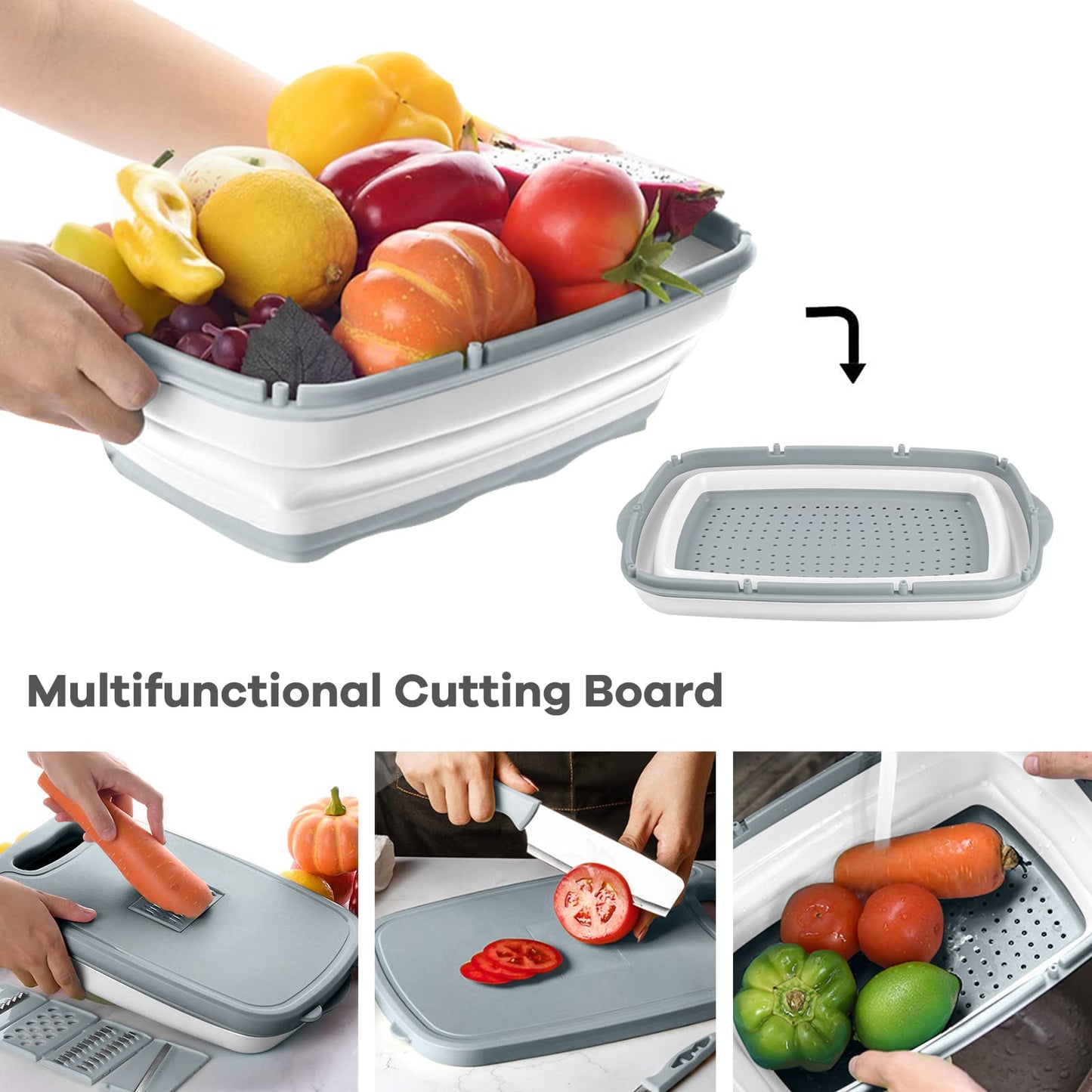 Gintan Camping Cutting Board, 9-in-1 Collapsible Chopping Board with Colander, Kitchen Vegetable Washing Basket for Camping, Camping Gifts Camping Accessories for RV Campers (Gray)