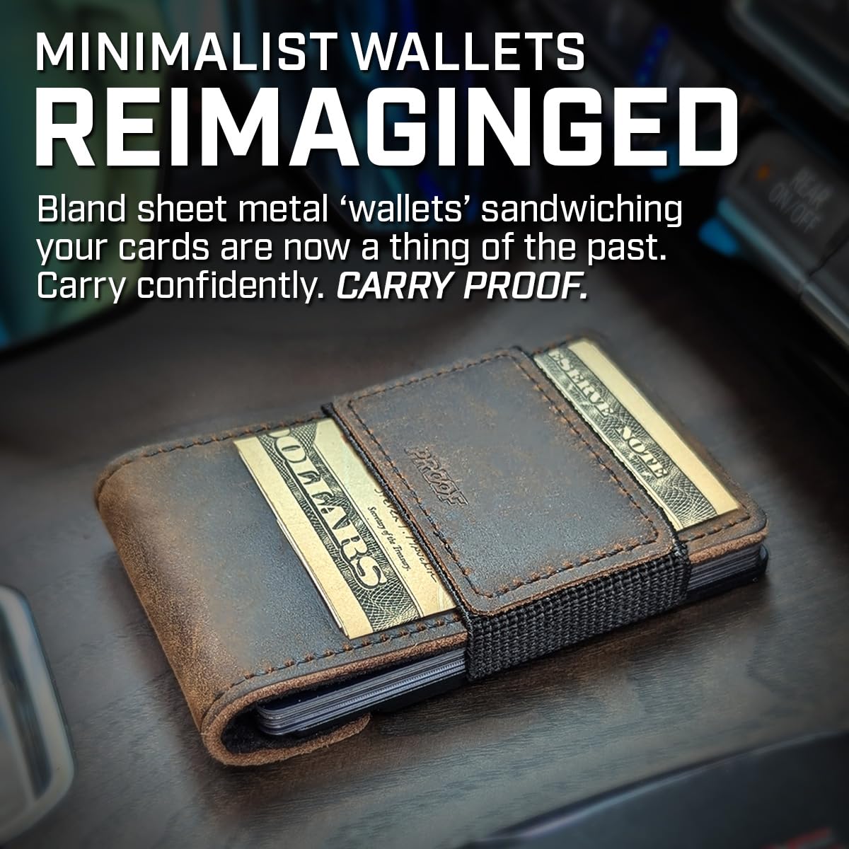 PROOF Wallet | Slim Minimalist Wallets for Men | Leather & Metal | RFID Wallet | Front/Back Pocket | Gift Box | Veteran Owned (Founder (Brown Leather | Dark Gun Metal))
