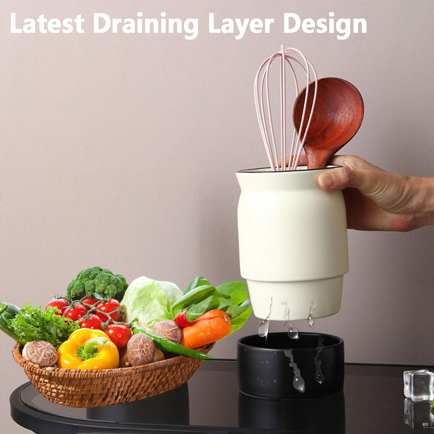 Utensil Holder With Draining Layer, Ceramic Kitchen Utensil Crocks for Kitchen Counter Decor, Utensils Drying Holder, Cooking Tool Organizer Gifts for Mom, Cooking Enthusiasts, Chefs, and Homemakers