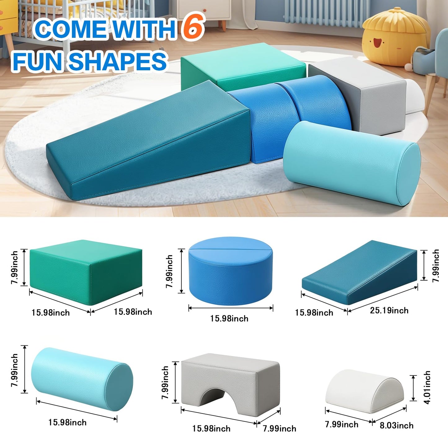 Kids Climbing Toys Foam Blocks: 6PCS PU Leather Foam Climbing Blocks for Toddlers - Soft Play Set Indoor Play Gym - Crawling Activity Play Structure for Preschoolers Playtime Corner Climber (Modern)