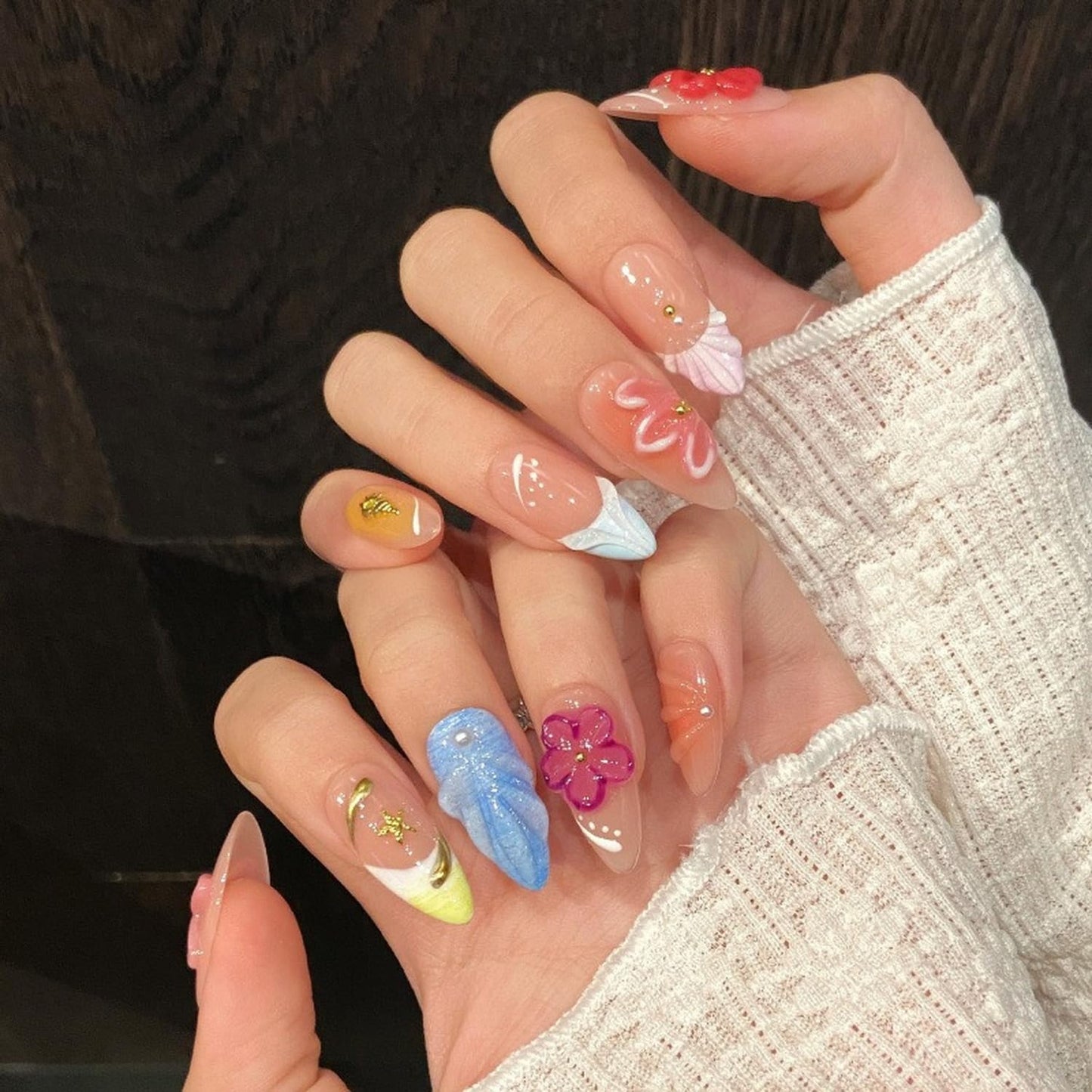 Luxury Press on Nails Medium Almond Handmade 3D Unique Reusable ABS Material Fake Nails French Tip False Nails with Designs Stars Pink Flower Art Petal Glossy Glue on Thick Acrylic Nails(S)