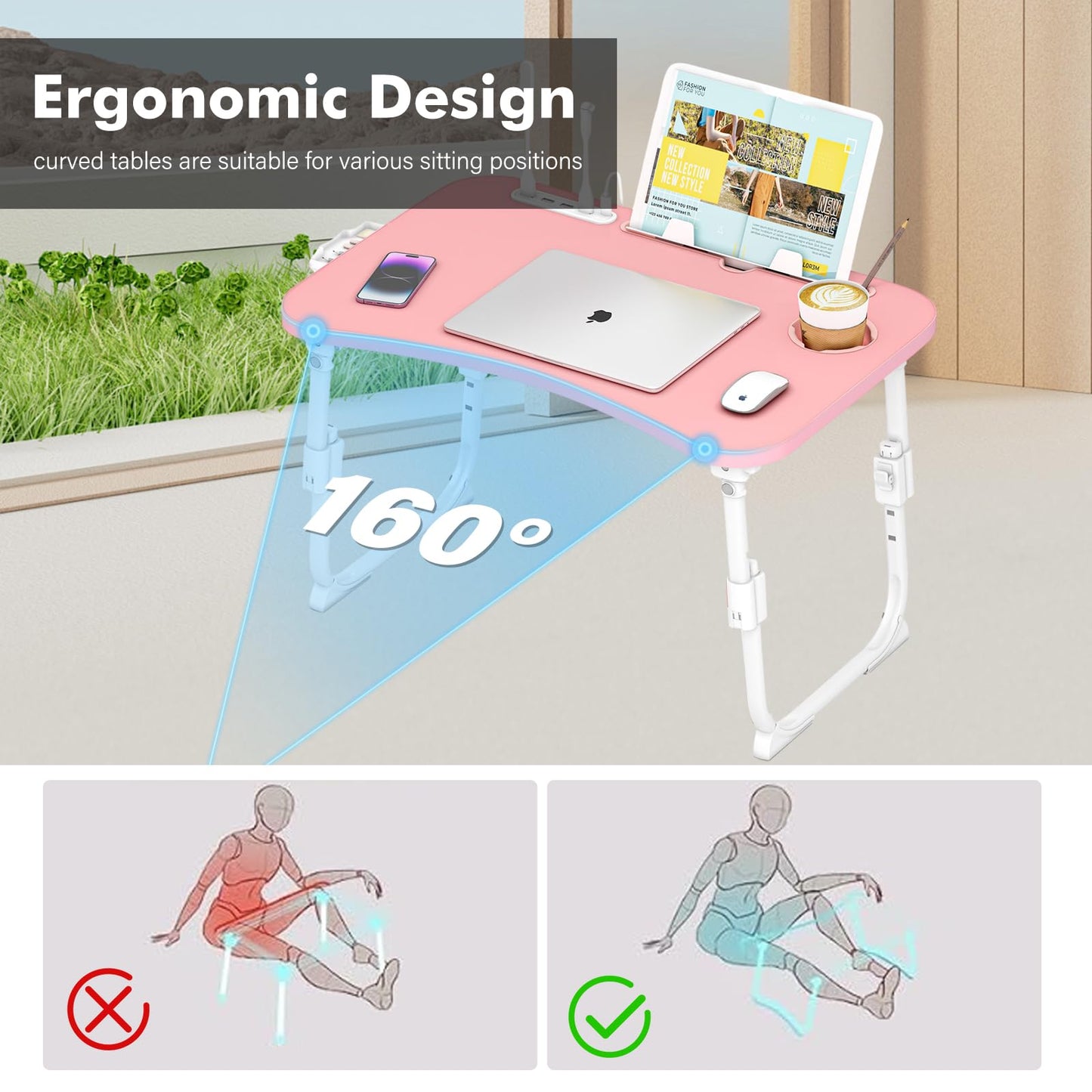 Lap Desk for Bed Adjustable Height, Foldable Bed Table with Storage Drawer, Tablet Slot & Cup Holder, Portable Laptop Stand for Bed & Sofa, Bed Desk for Adults & Kids, Pink