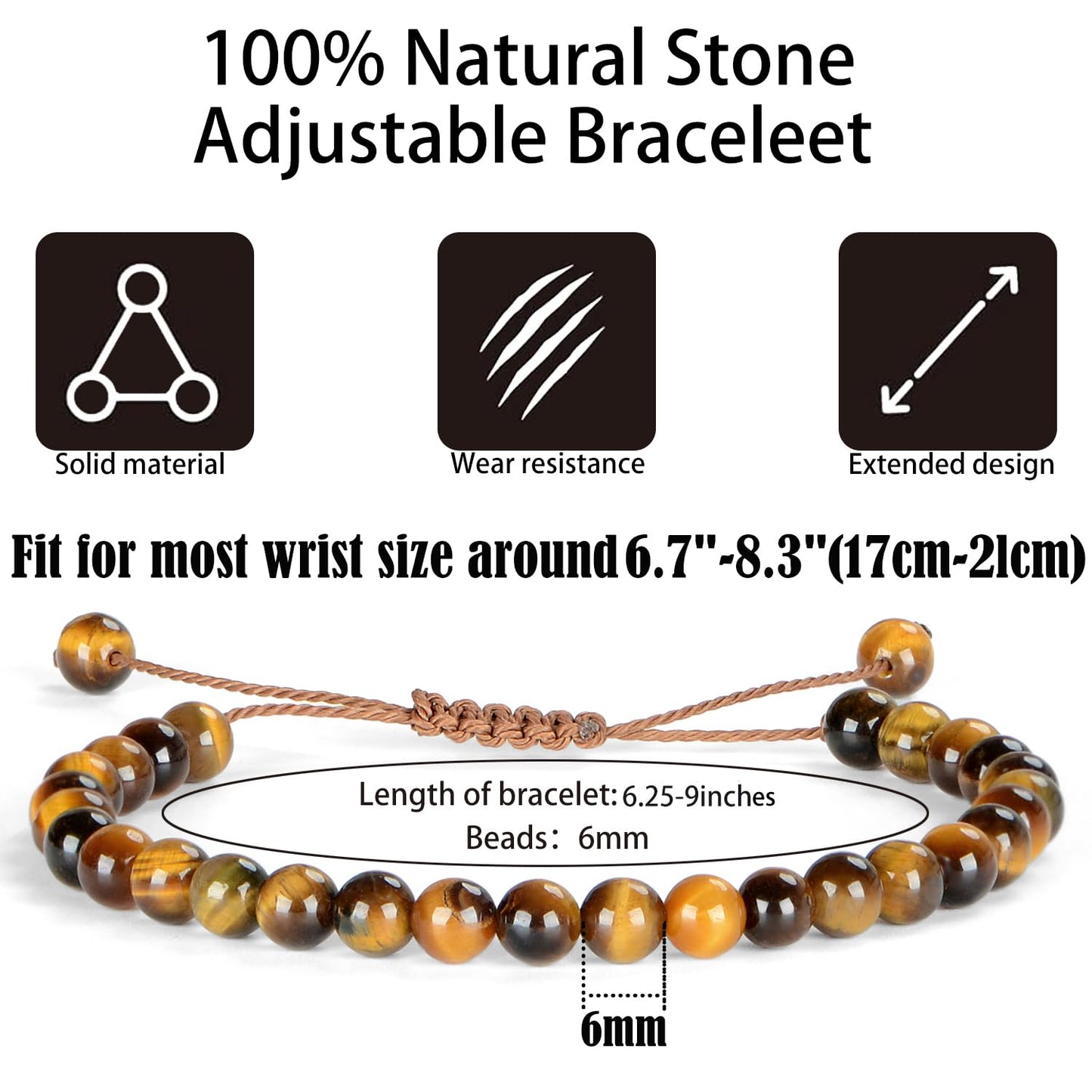 QOGIR Handmade Healing Bracelet,6mm Natural Yellow Tiger Gem Stone Beads Adjustable Bracelet, Courage and Confidence Bracelet