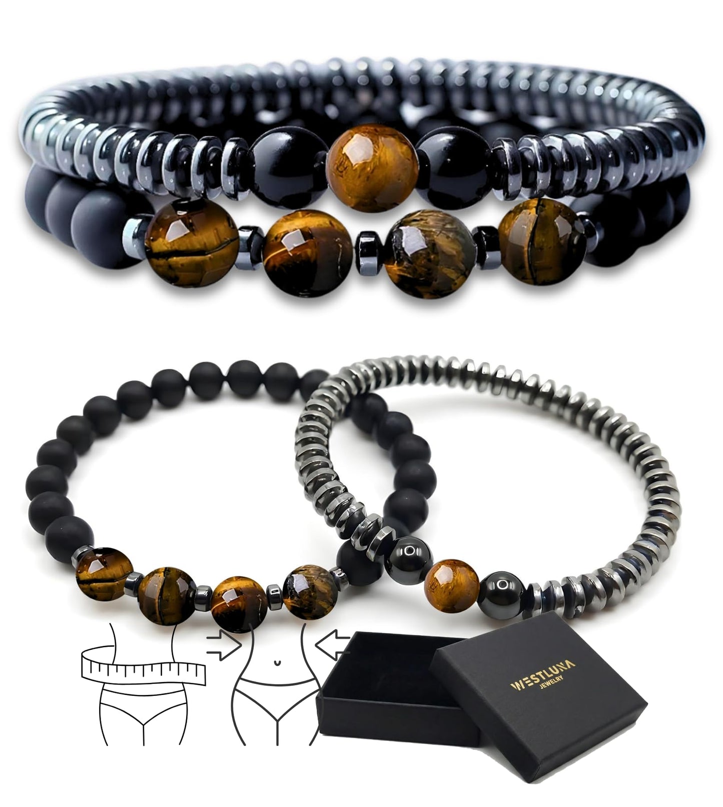 WestLuna Magnetic Healing Bracelet Set – Adjustable Magnetic Hematite Bracelets for Women Men, Slimming Crystal Chakra Energy Beaded Bracelet Gift(Tiger's Eye, Medium)