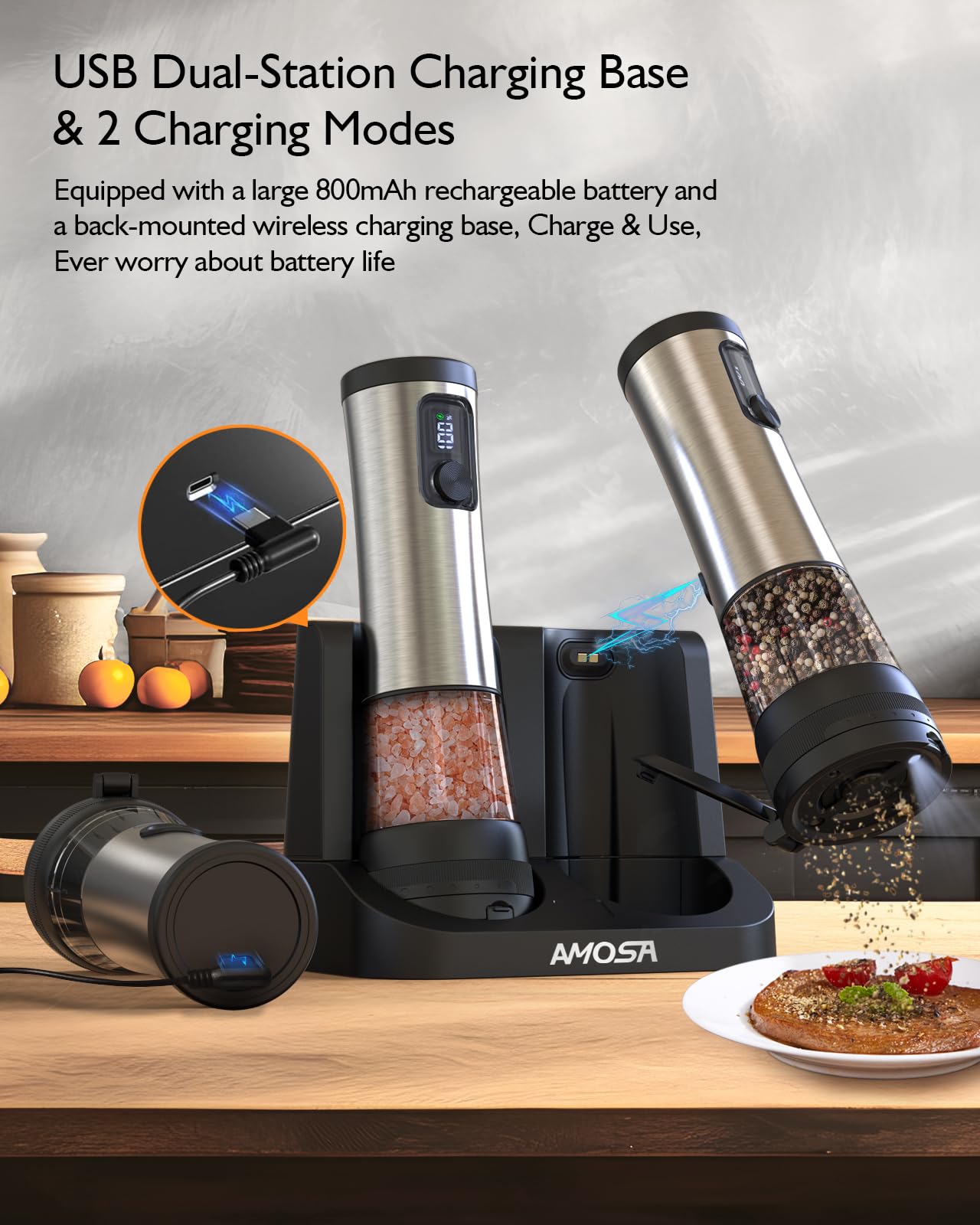 Electric Salt and Pepper Grinder Set, Upgraded 2-Speed Setting, External 5 Adjustable Coarseness, Battery Display Rechargeable Base, Stainless Steel Automatic Salt & Pepper Shakers Mill with LED Light